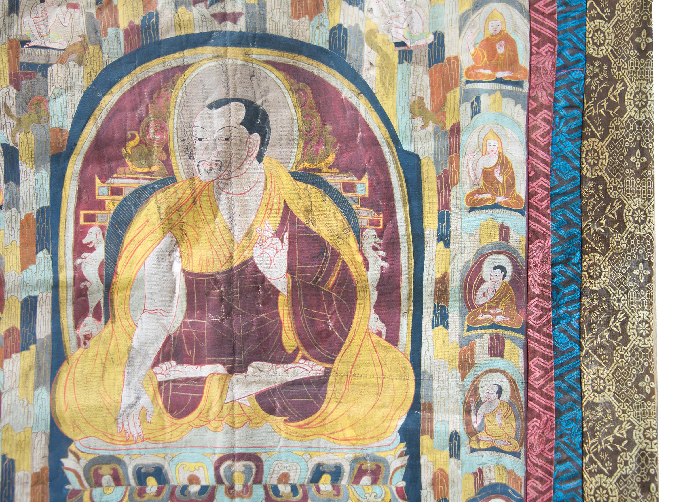 Linen Late 19th Century Thangka with the Portrait of a Tibetan Monk  For Sale