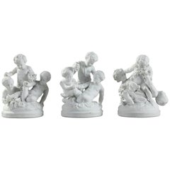 Late 19th Century Three Bisque Porcelain Children Playing Groups in Sevres Style