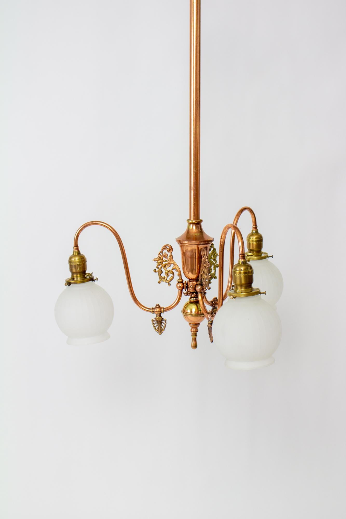 Late 19th Century Three Light Red Brass Gasolier For Sale 7