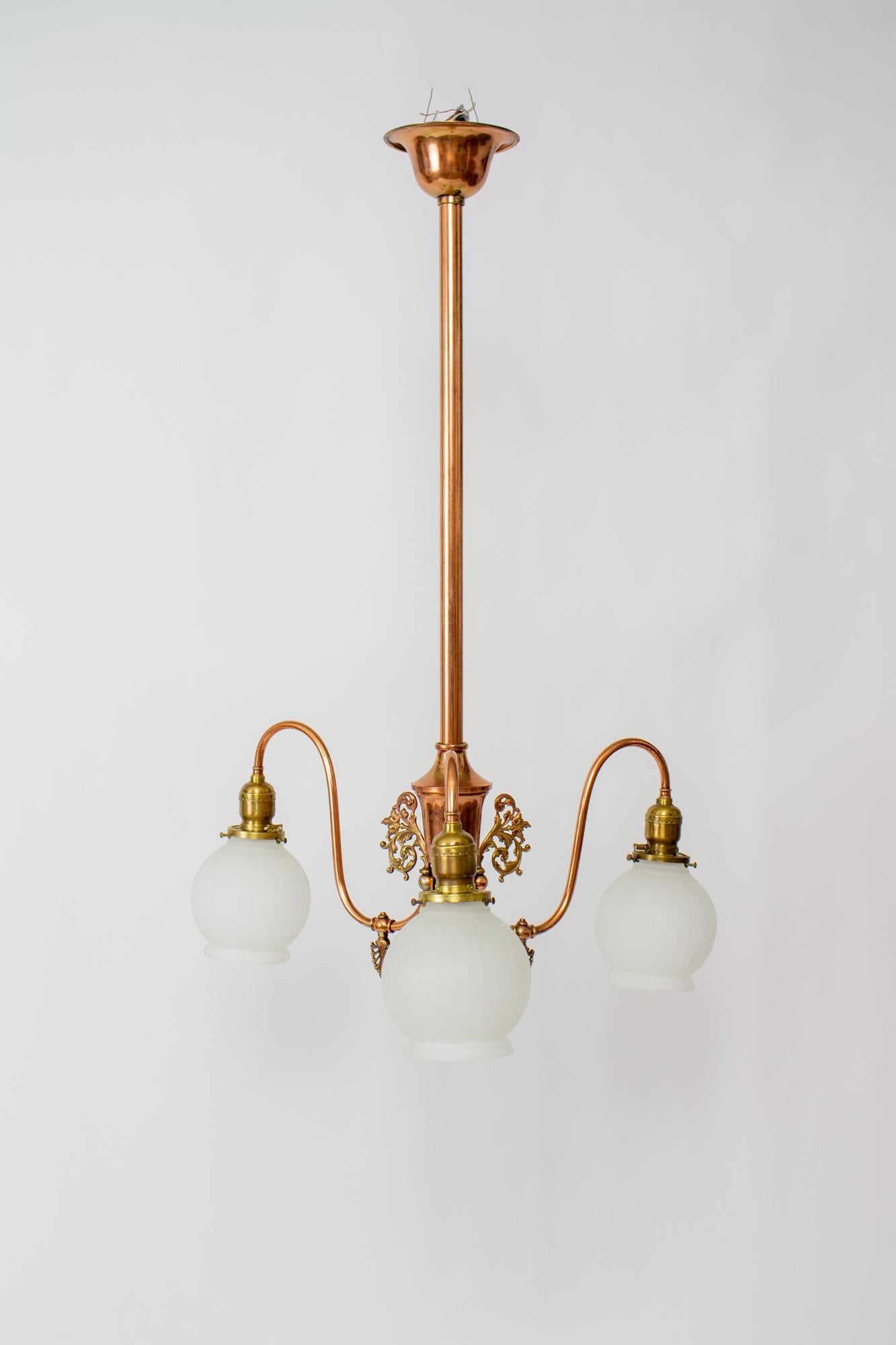 American Late 19th Century Three Light Red Brass Gasolier For Sale