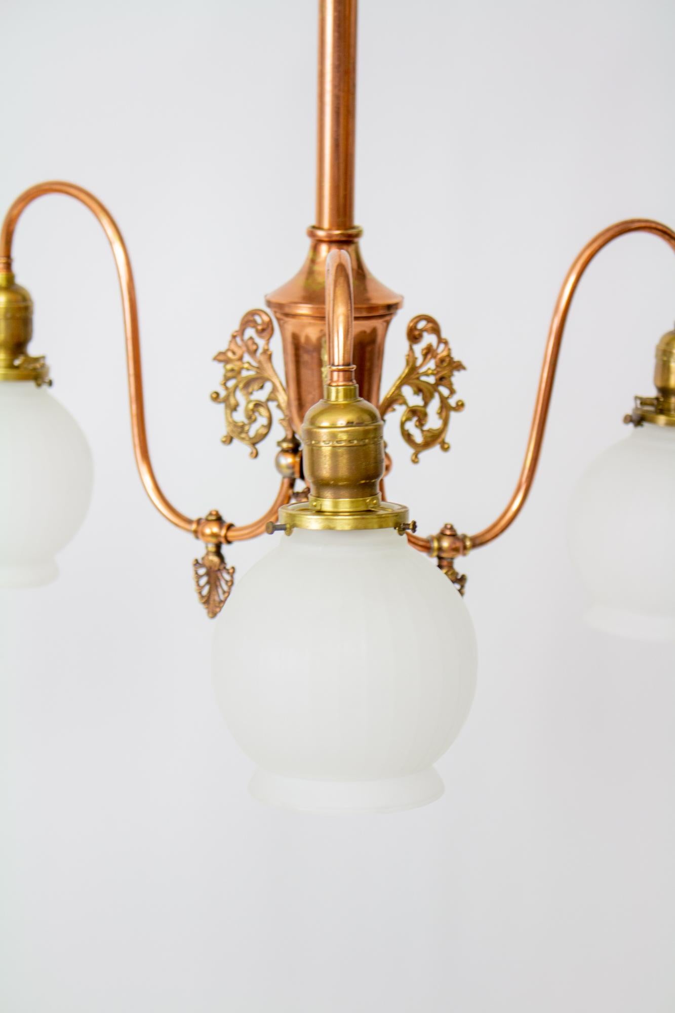 Late 19th Century Three Light Red Brass Gasolier In Good Condition For Sale In Canton, MA