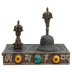 Late 19th Century Tibetan Bronze Bell and Dorje Box, Wood and Bronze