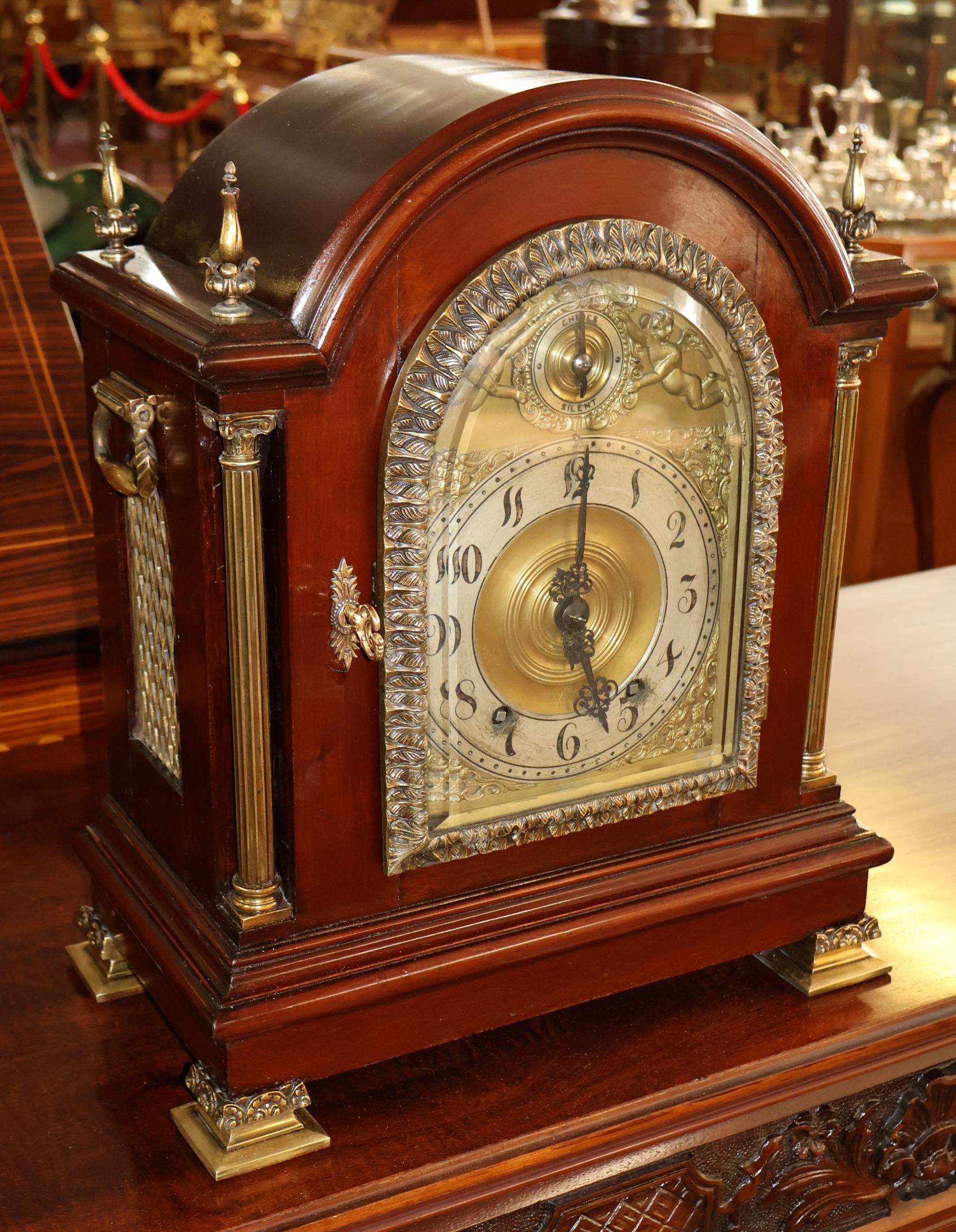 American Late 19th Century Tiffany & Co Maker's Mahogany & Brass Mantel Bracket Clock For Sale