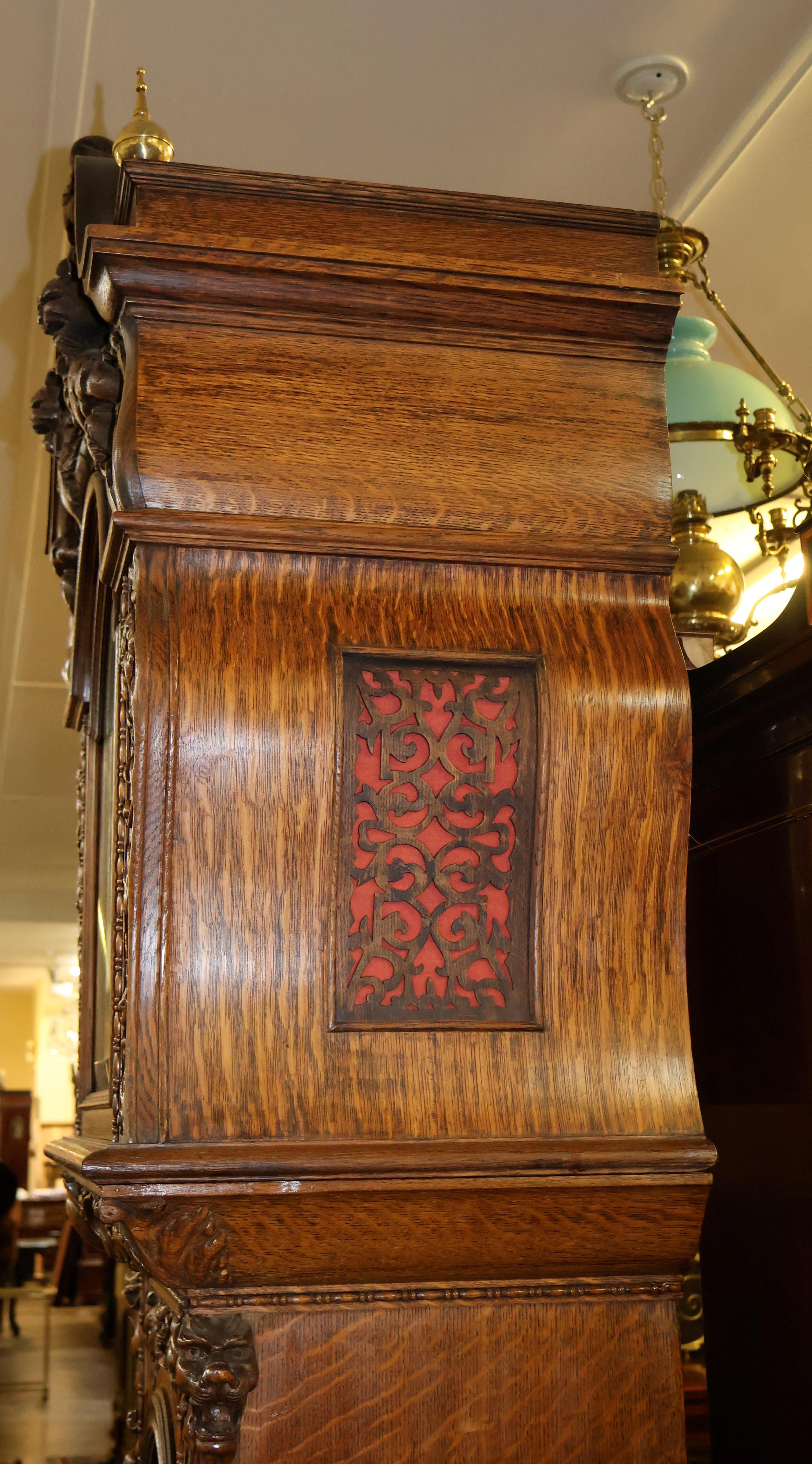 Late 19th Century Tiger Oak Horner Tall Case Grandfather Clock Elliot Movement For Sale 5