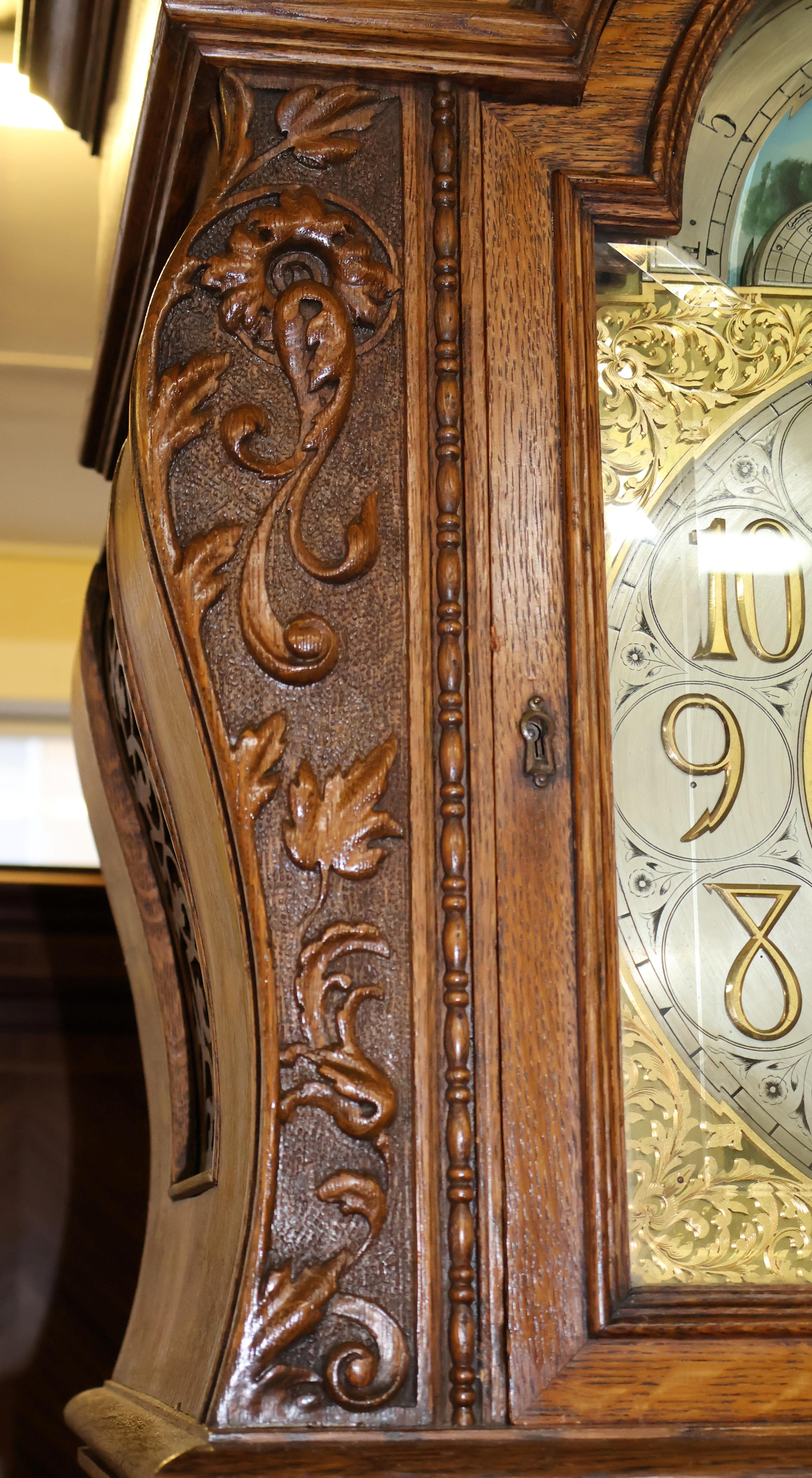 Late 19th Century Tiger Oak Horner Tall Case Grandfather Clock Elliot Movement For Sale 8