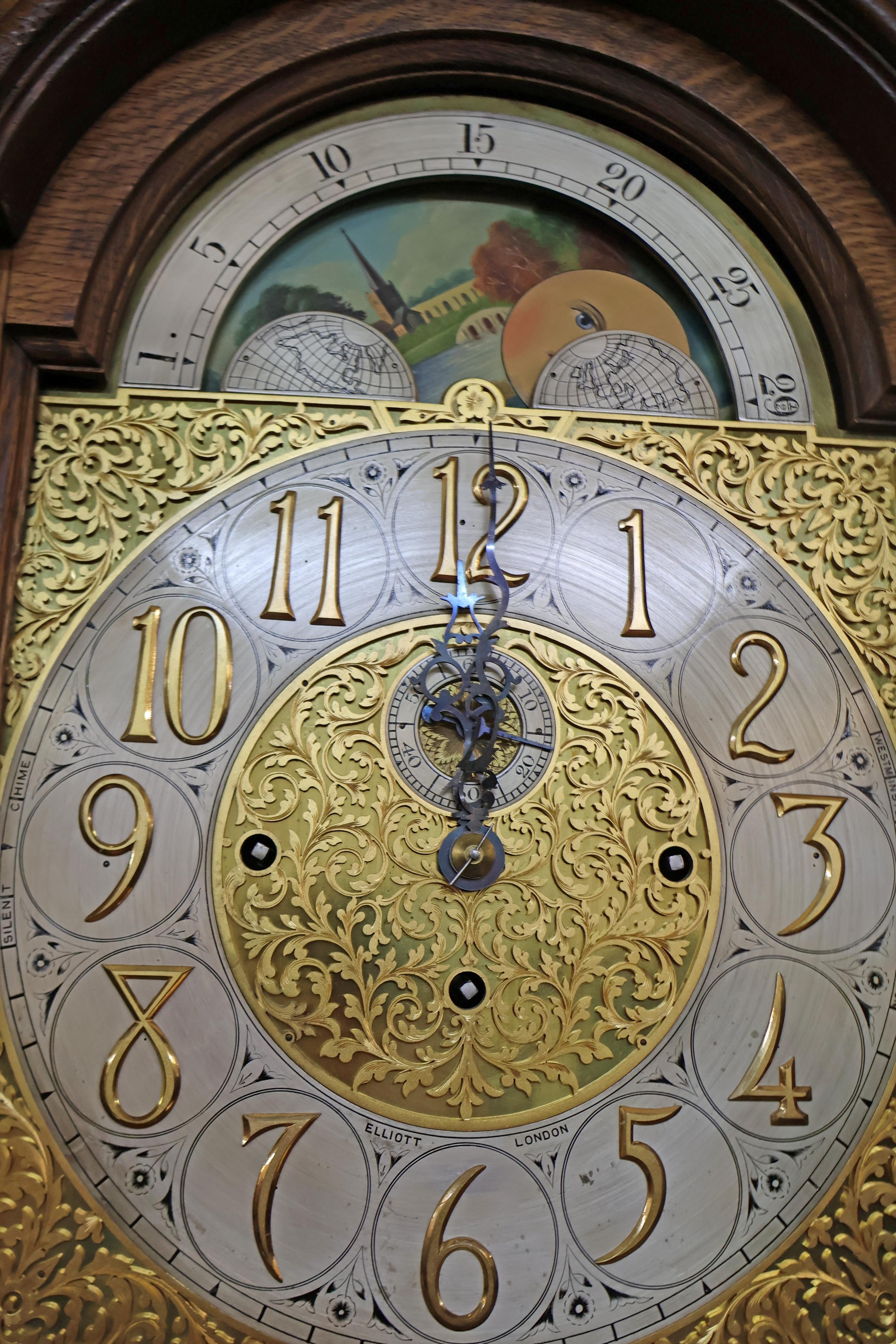 Late 19th Century Tiger Oak Horner Tall Case Grandfather Clock Elliot Movement For Sale 11