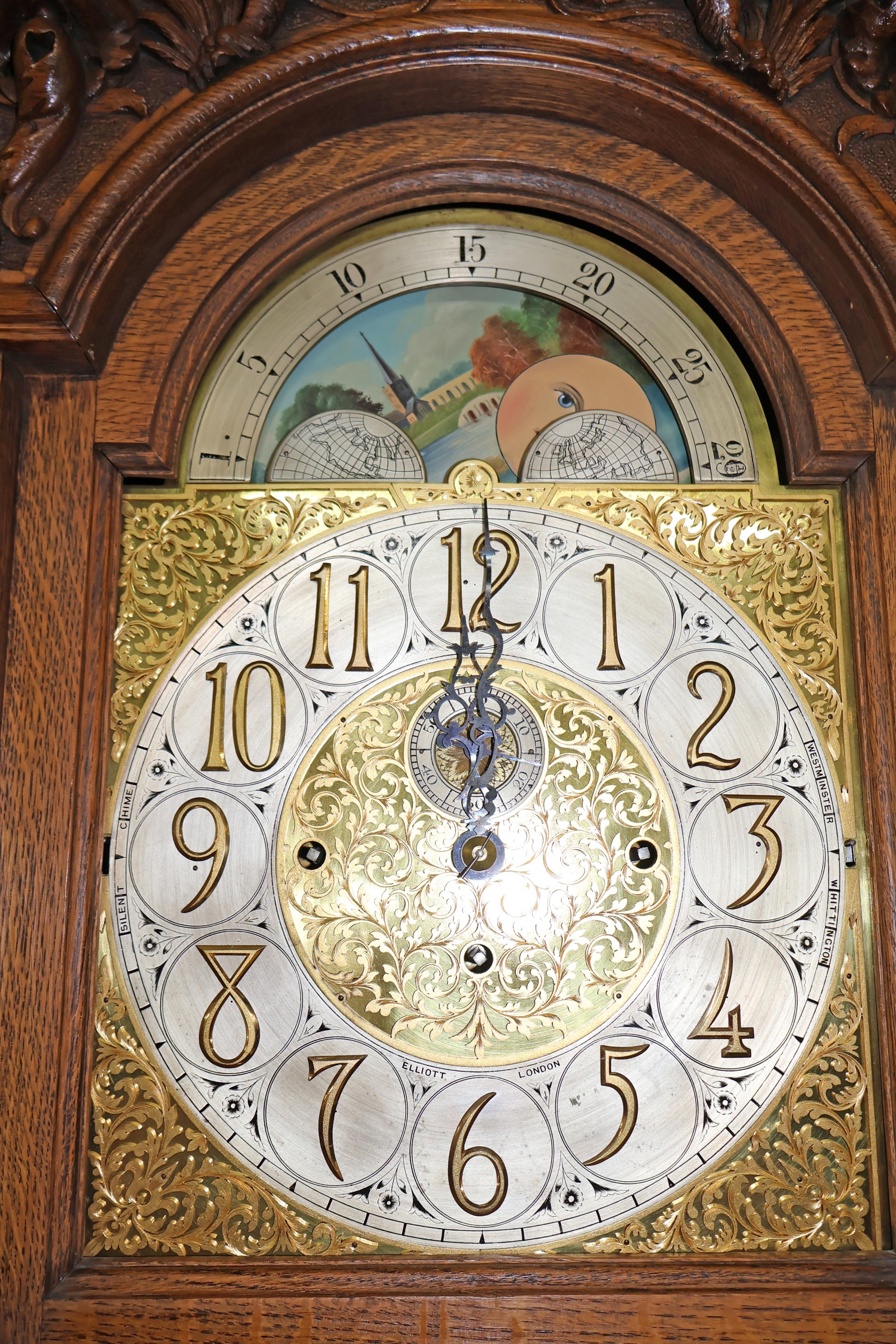 Late 19th Century Tiger Oak Horner Tall Case Grandfather Clock Elliot Movement For Sale 12