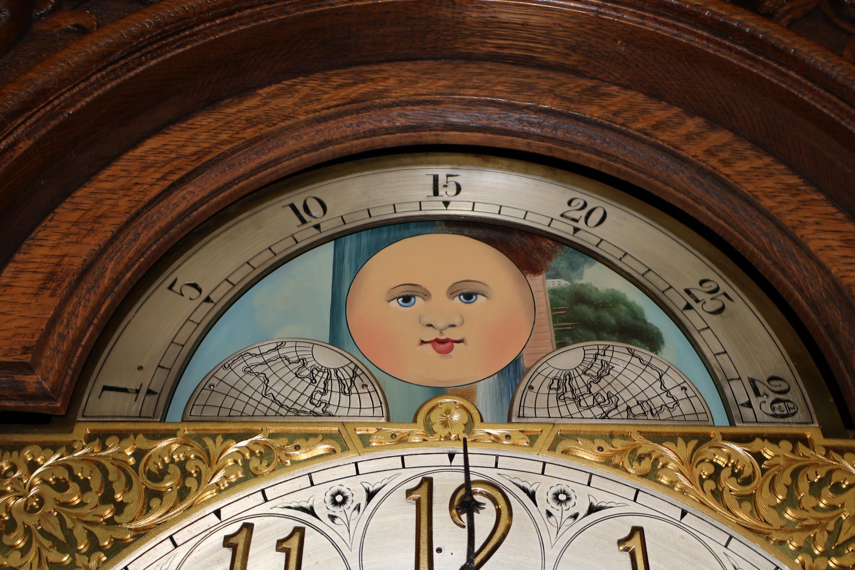Late 19th Century Tiger Oak Horner Tall Case Grandfather Clock Elliot Movement For Sale 13