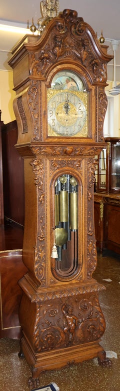 Late 19th Century Tiger Oak Horner Tall Case Grandfather Clock Elliot Movement