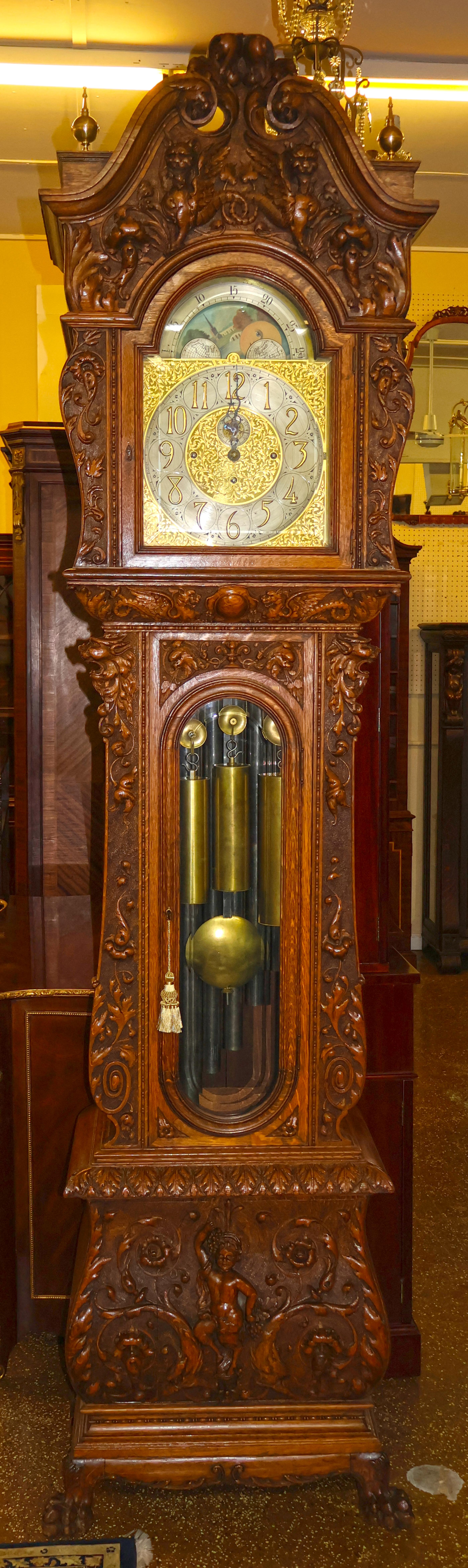 Victorian Late 19th Century Tiger Oak Horner Tall Case Grandfather Clock Elliot Movement For Sale