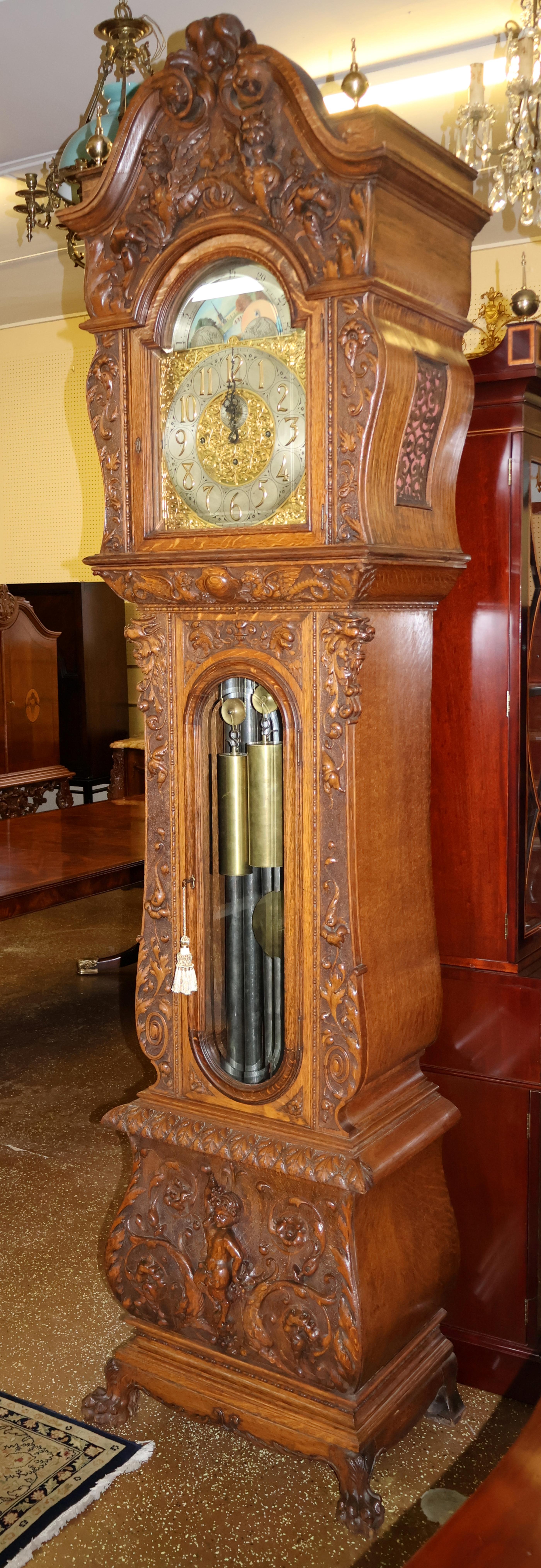 Late 19th Century Tiger Oak Horner Tall Case Grandfather Clock Elliot Movement In Good Condition For Sale In Long Branch, NJ