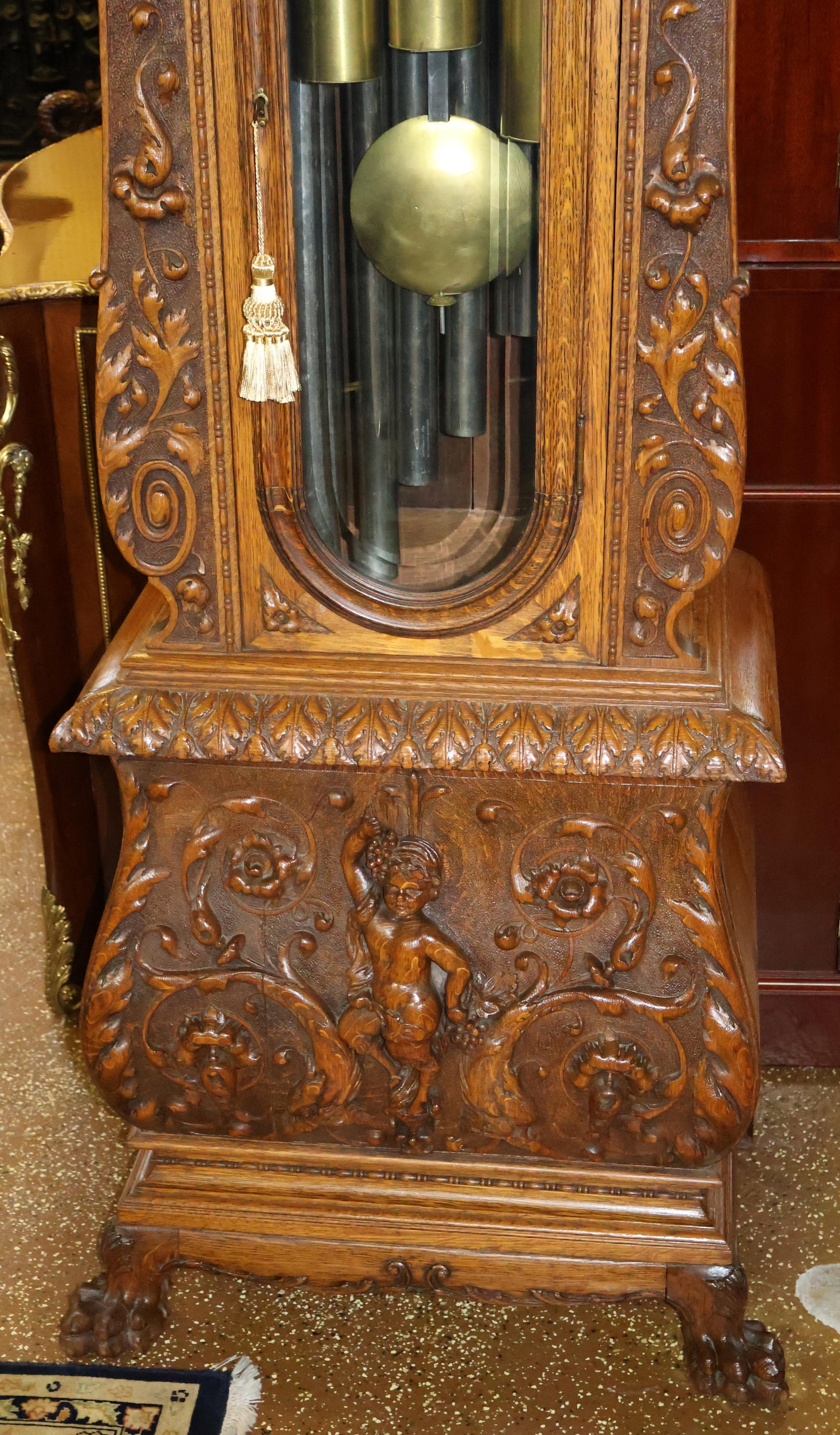 Brass Late 19th Century Tiger Oak Horner Tall Case Grandfather Clock Elliot Movement For Sale