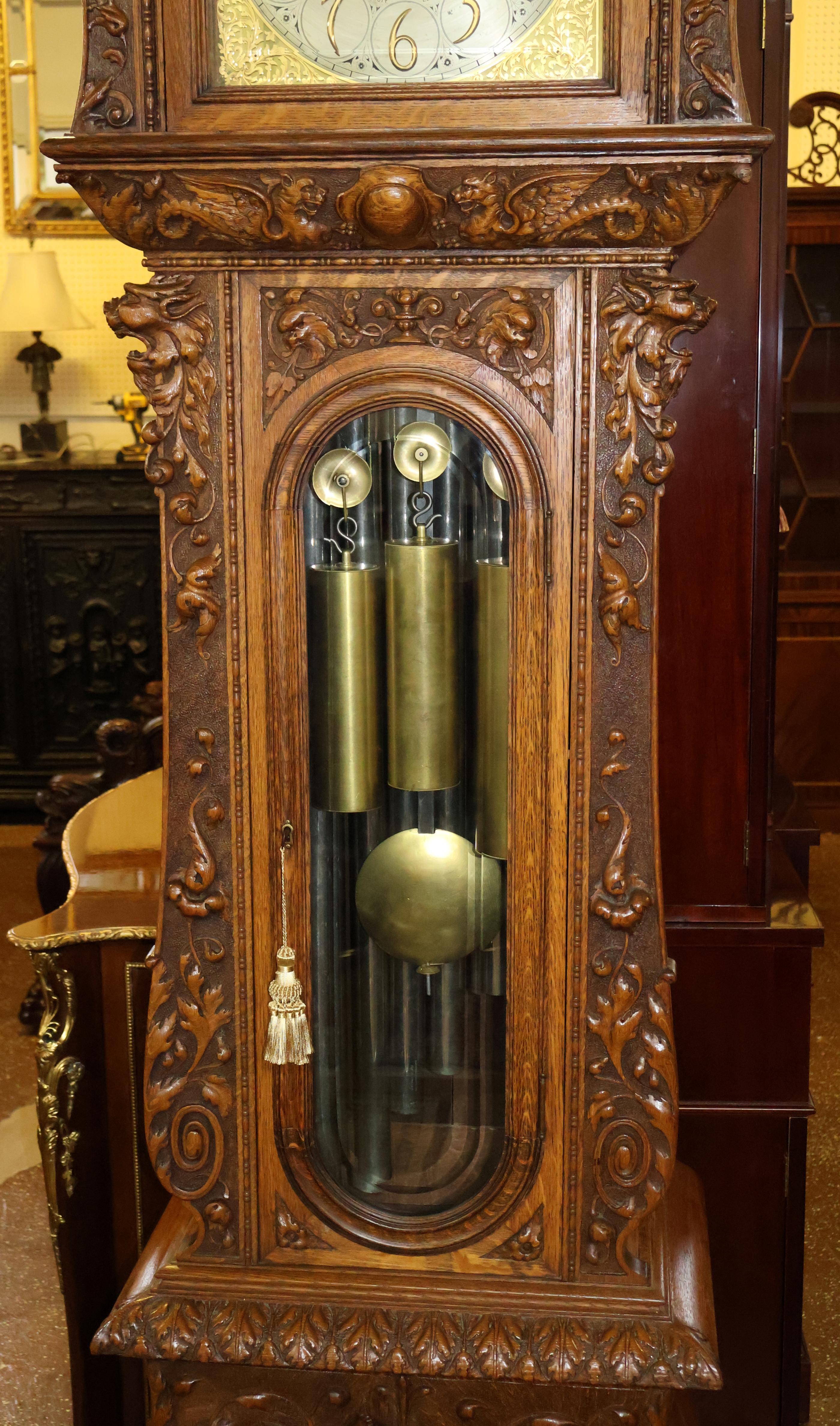 Late 19th Century Tiger Oak Horner Tall Case Grandfather Clock Elliot Movement For Sale 1