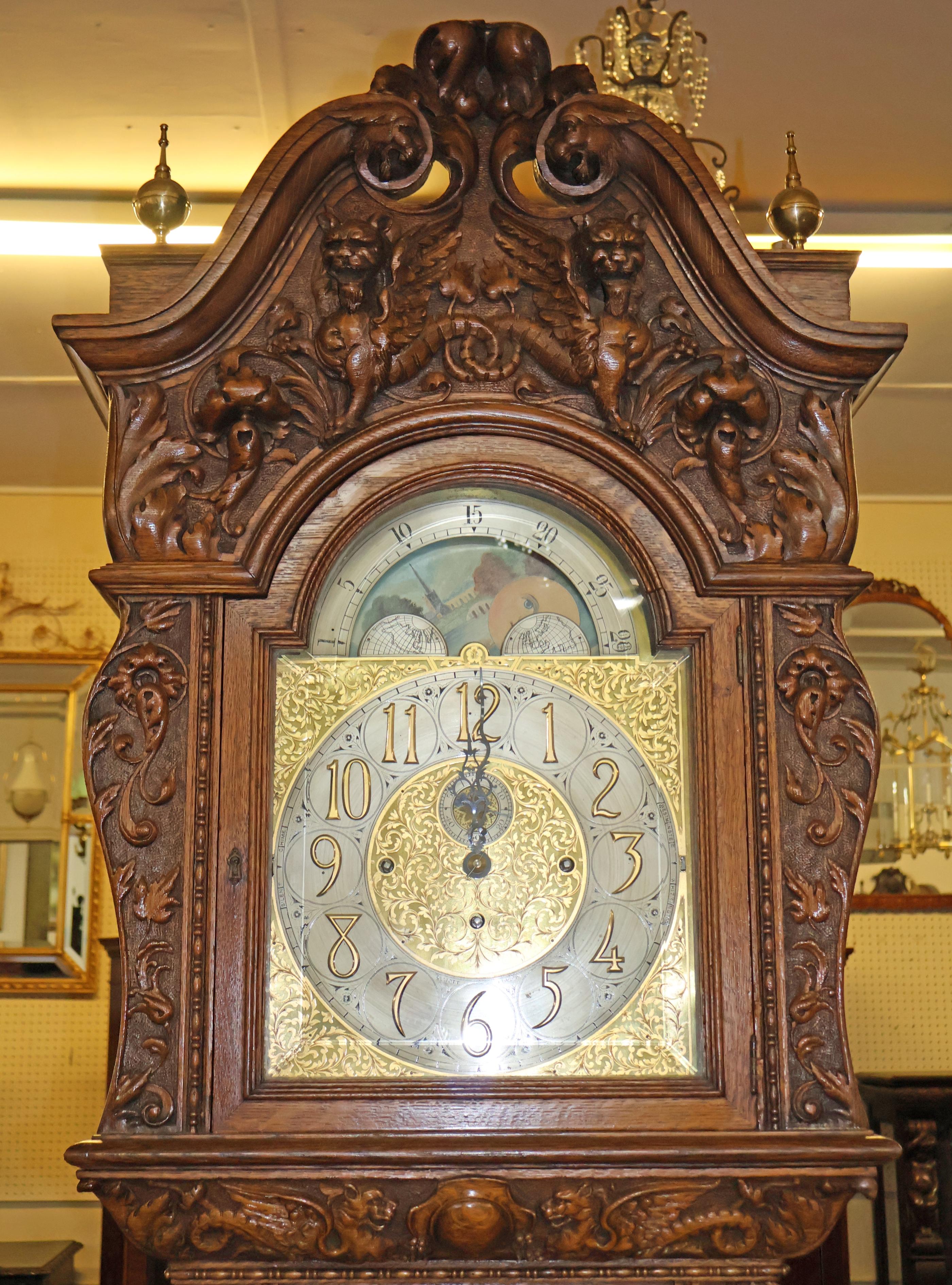Late 19th Century Tiger Oak Horner Tall Case Grandfather Clock Elliot Movement For Sale 2