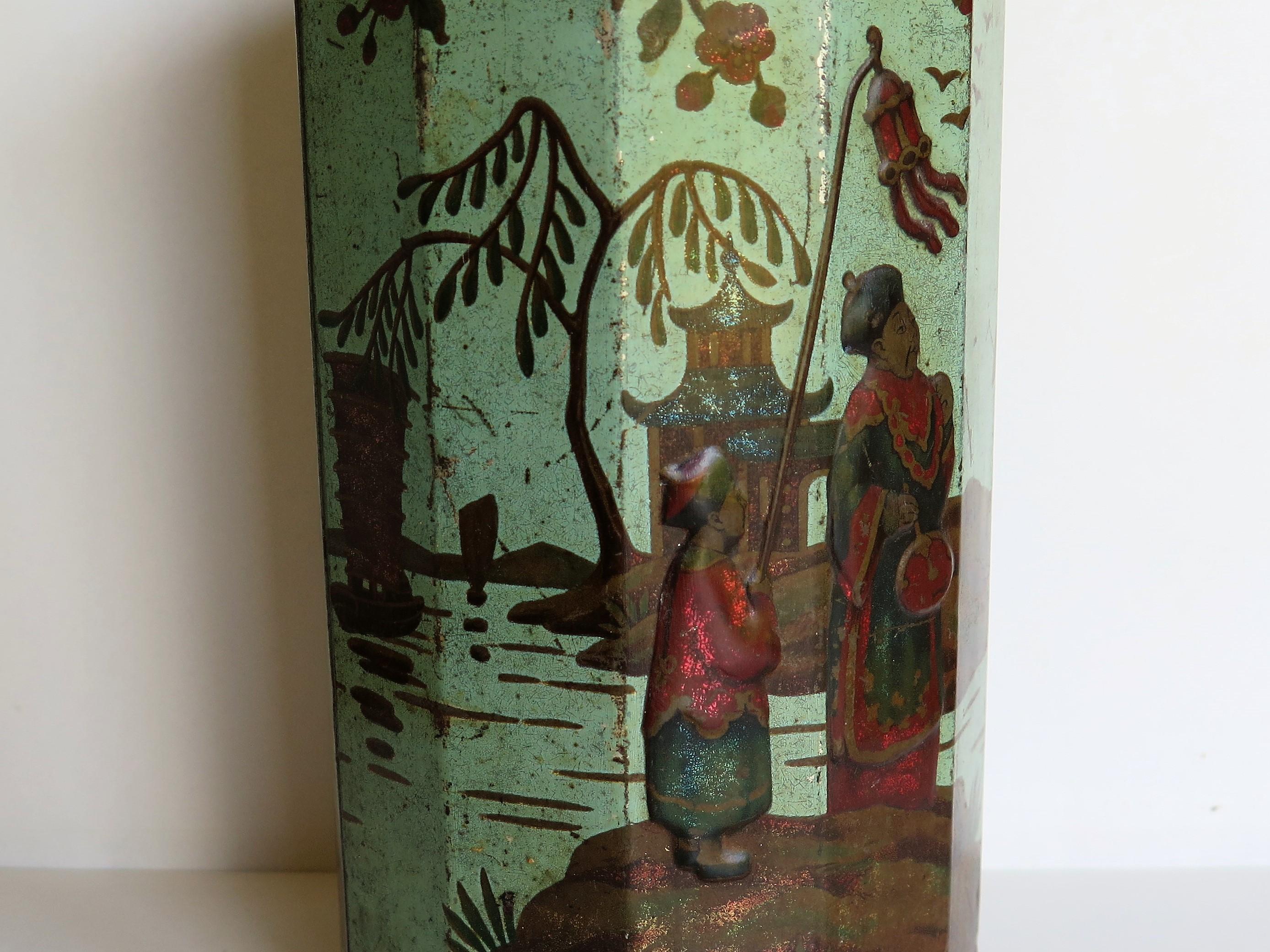 Late 19th Century Tin Container or Bin with Colored Oriental Figure Scene 7