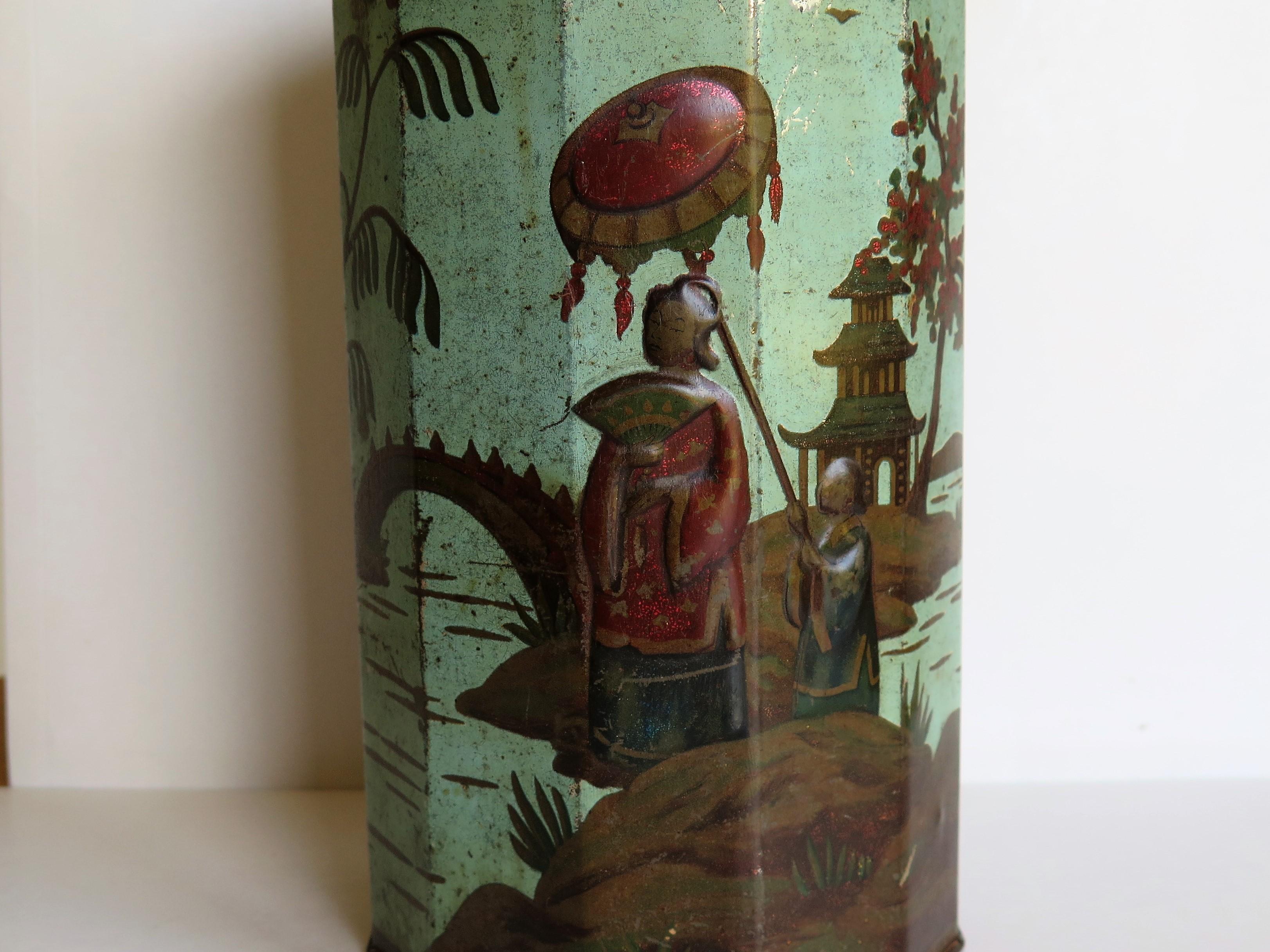 Late 19th Century Tin Container or Bin with Colored Oriental Figure Scene 8
