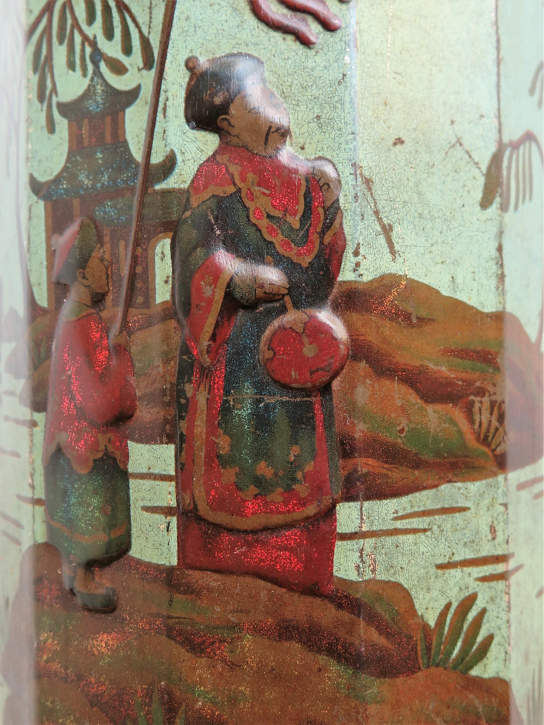Late 19th Century Tin Container or Bin with Colored Oriental Figure Scene 9