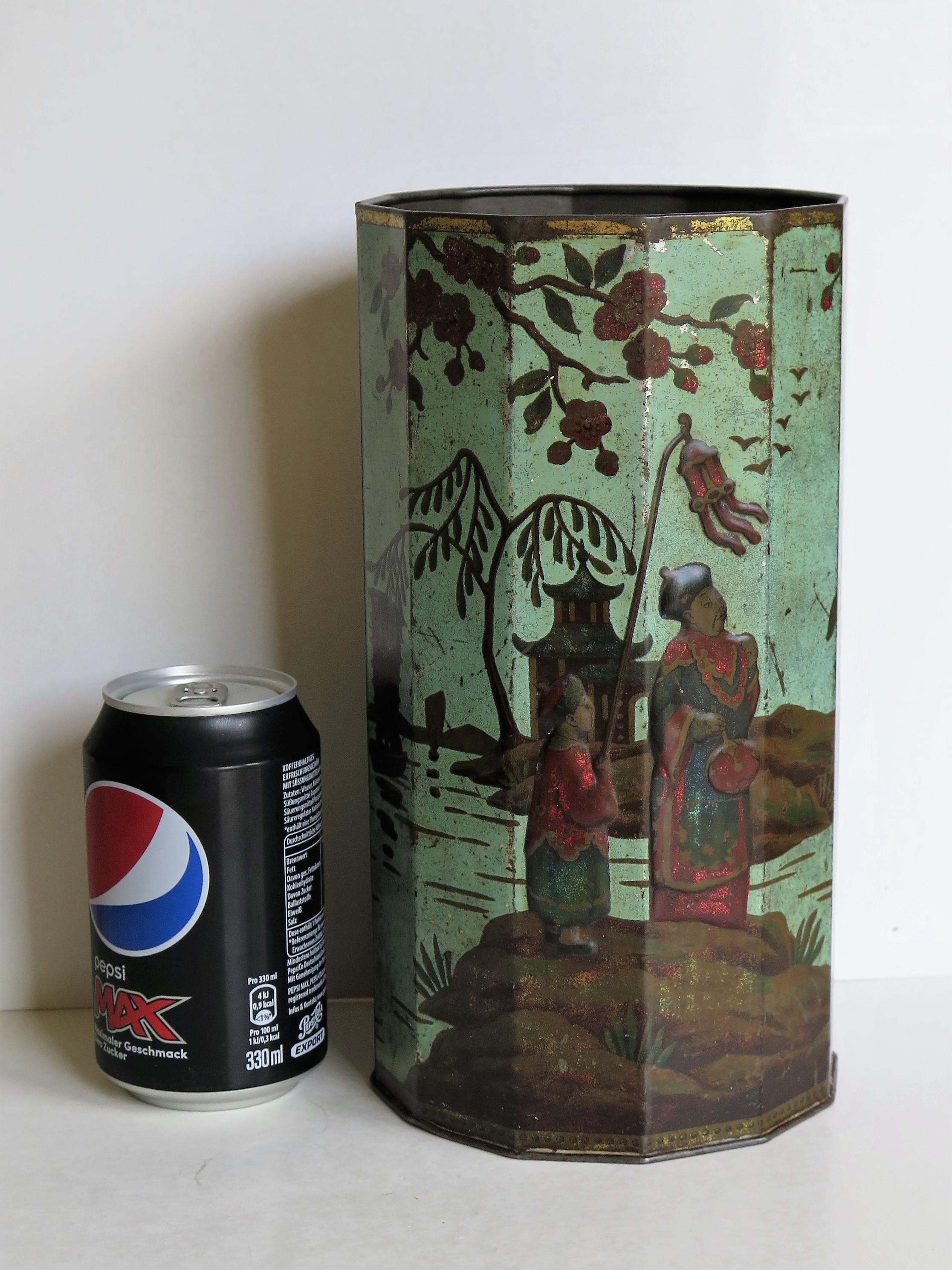 Late 19th Century Tin Container or Bin with Colored Oriental Figure Scene 10