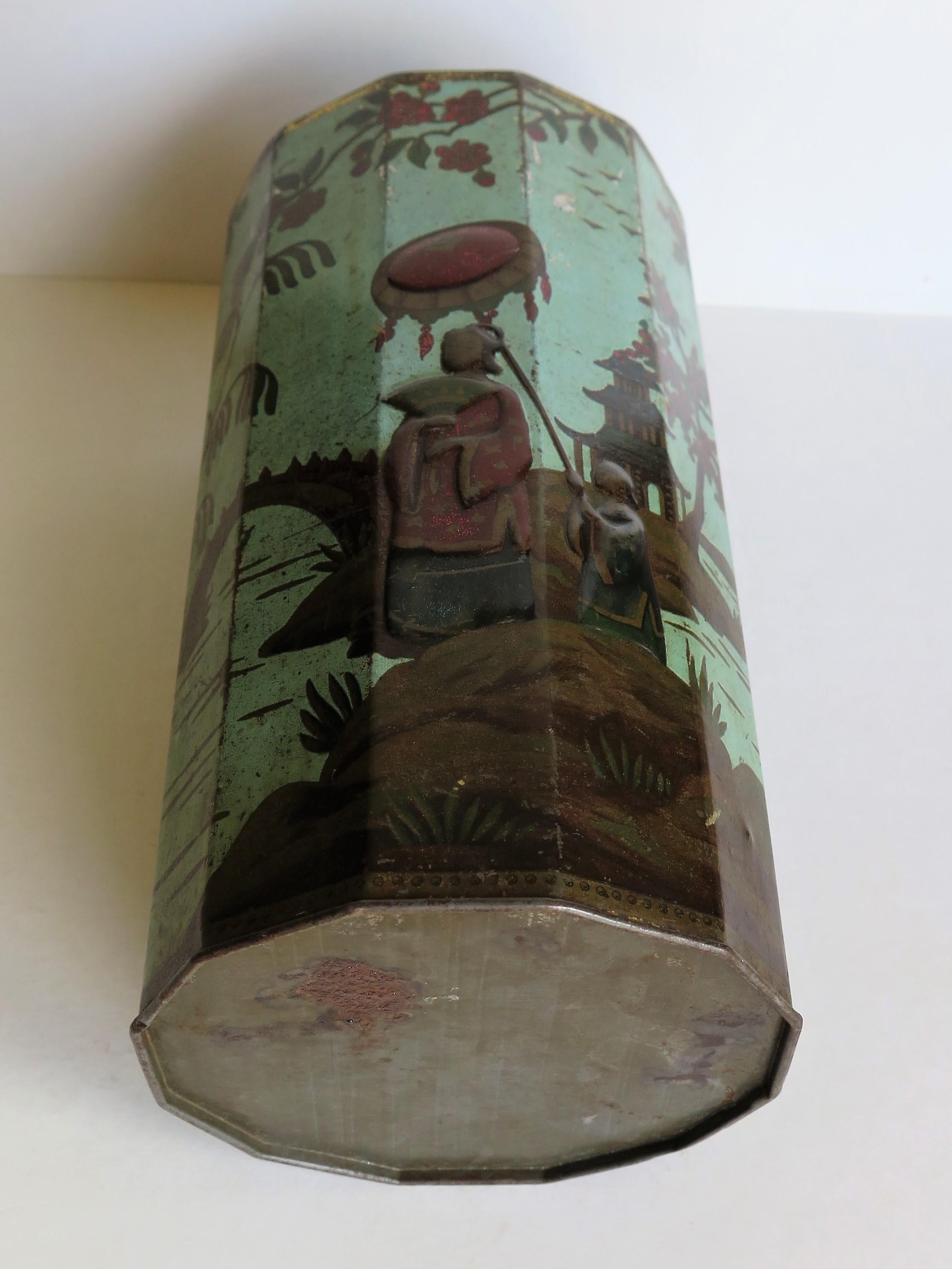 Late 19th Century Tin Container or Bin with Colored Oriental Figure Scene 11