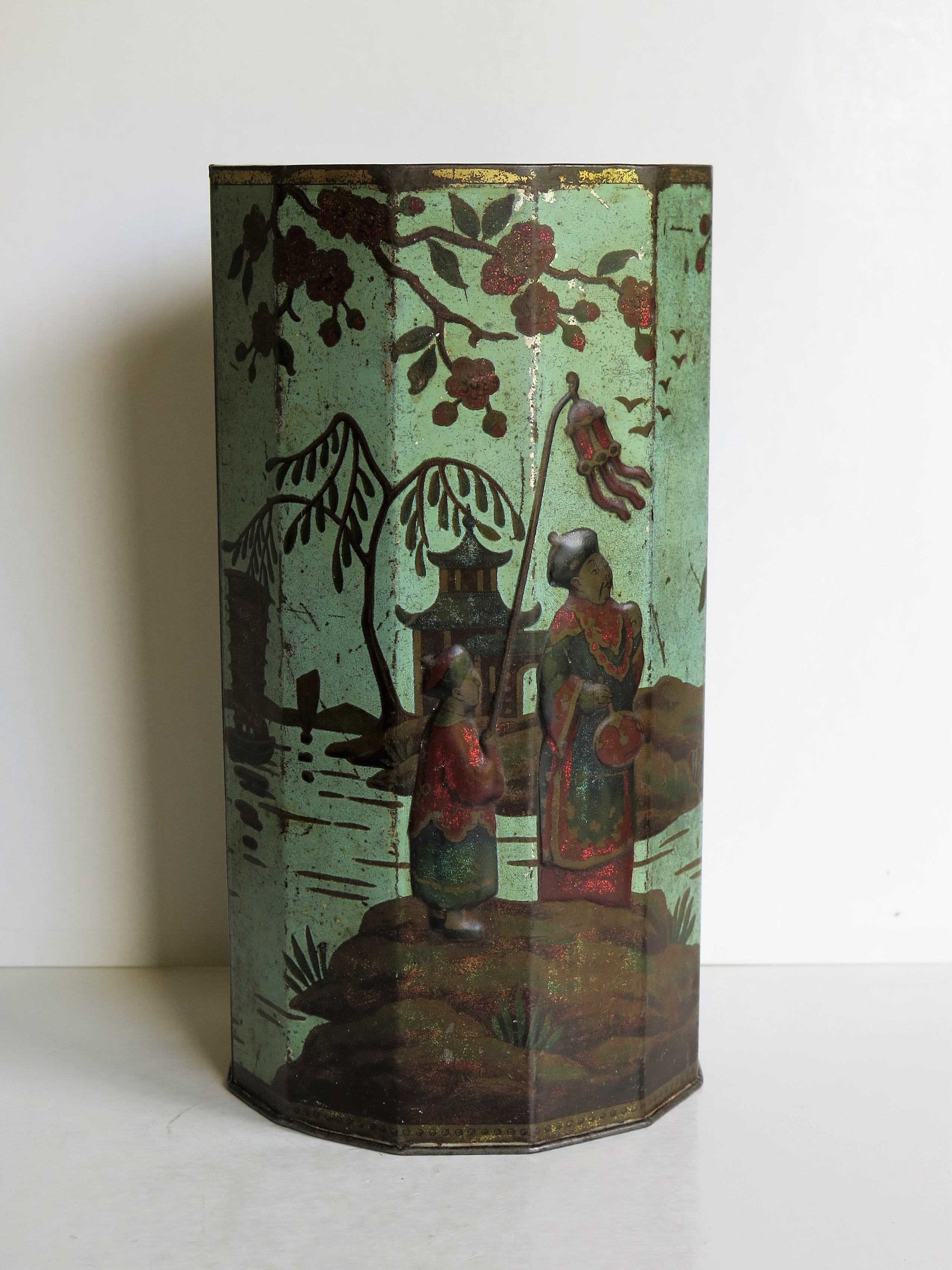 Qing Late 19th Century Tin Container or Bin with Colored Oriental Figure Scene