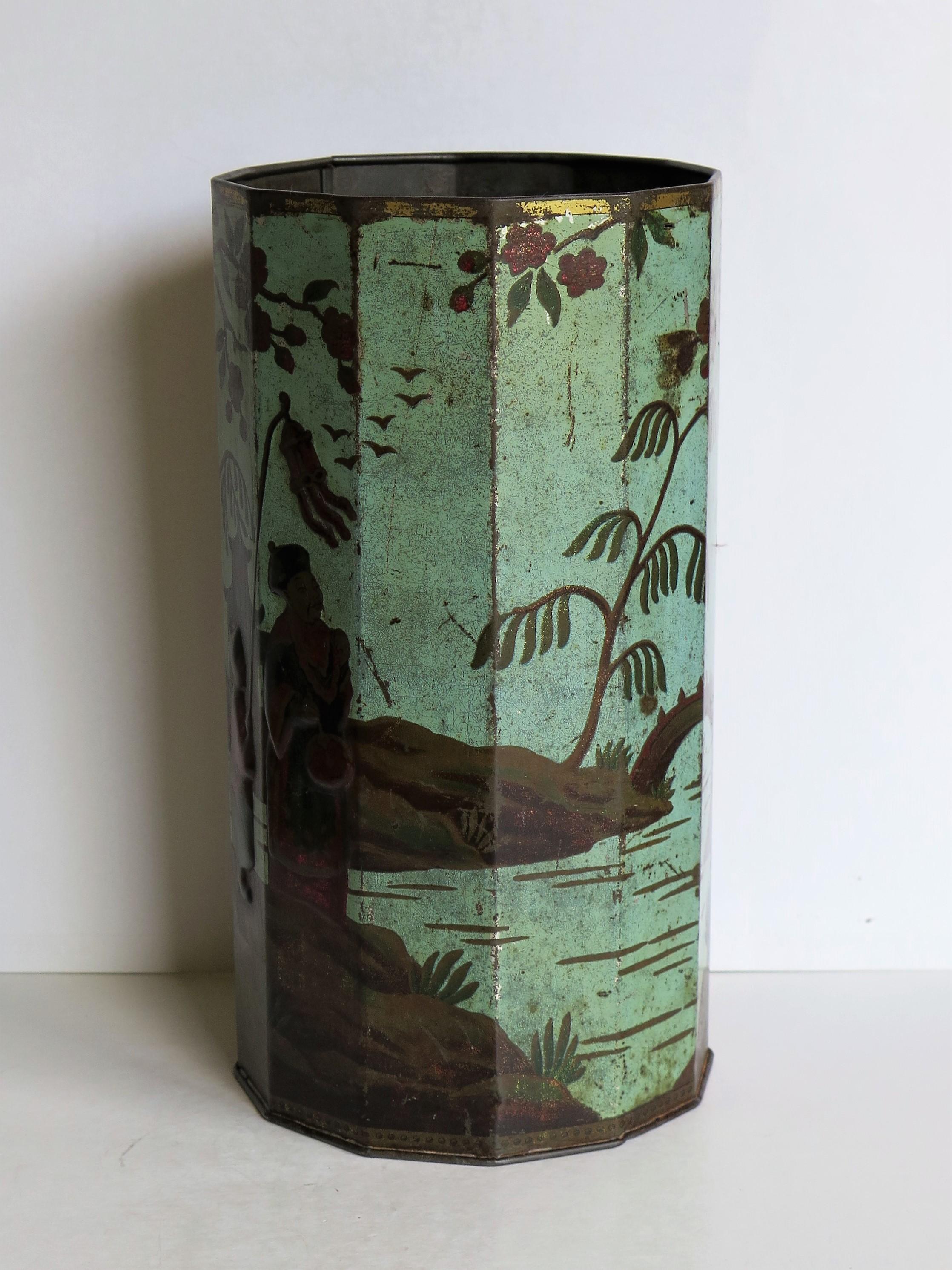 British Late 19th Century Tin Container or Bin with Colored Oriental Figure Scene