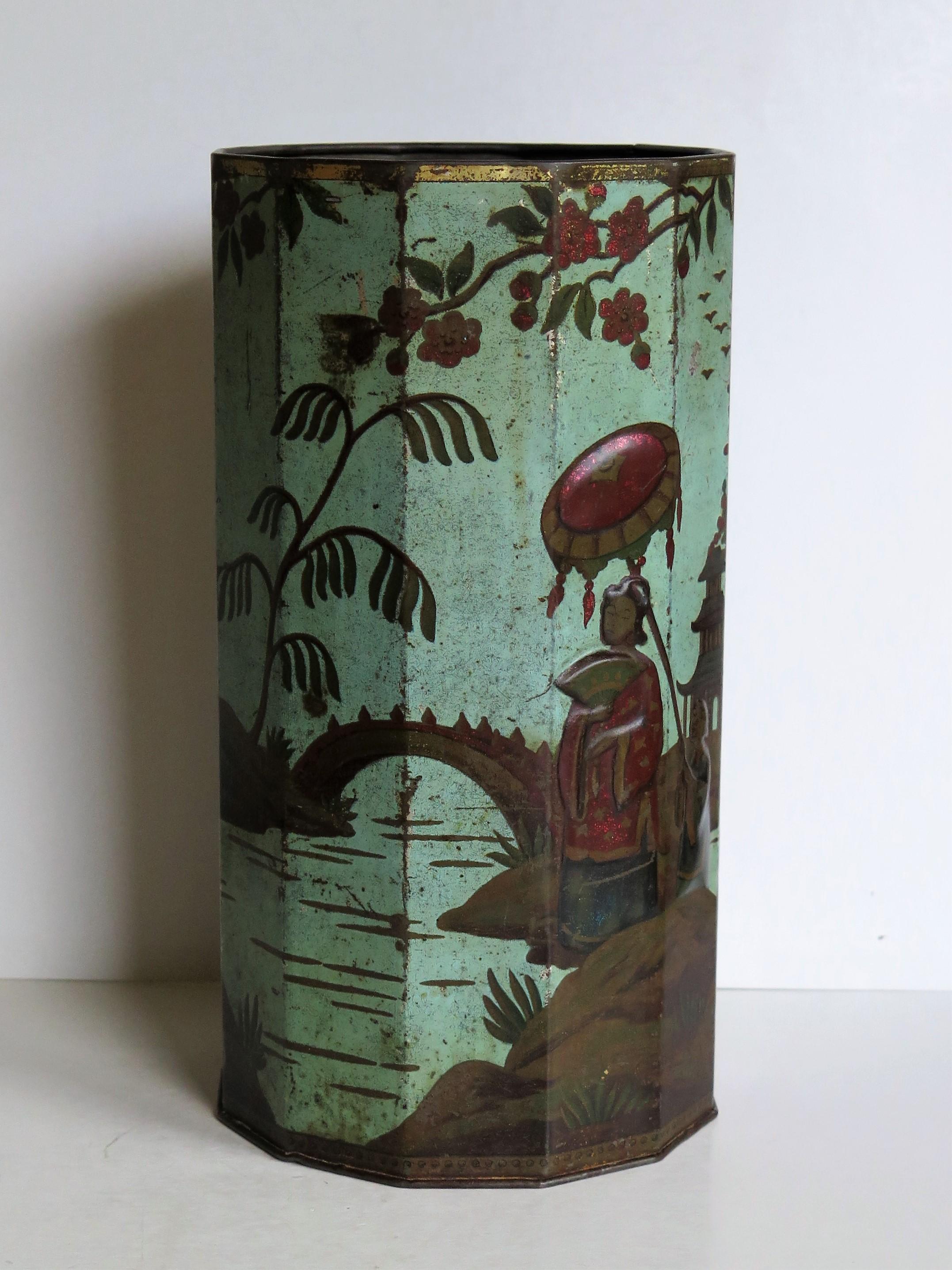 Pressed Late 19th Century Tin Container or Bin with Colored Oriental Figure Scene