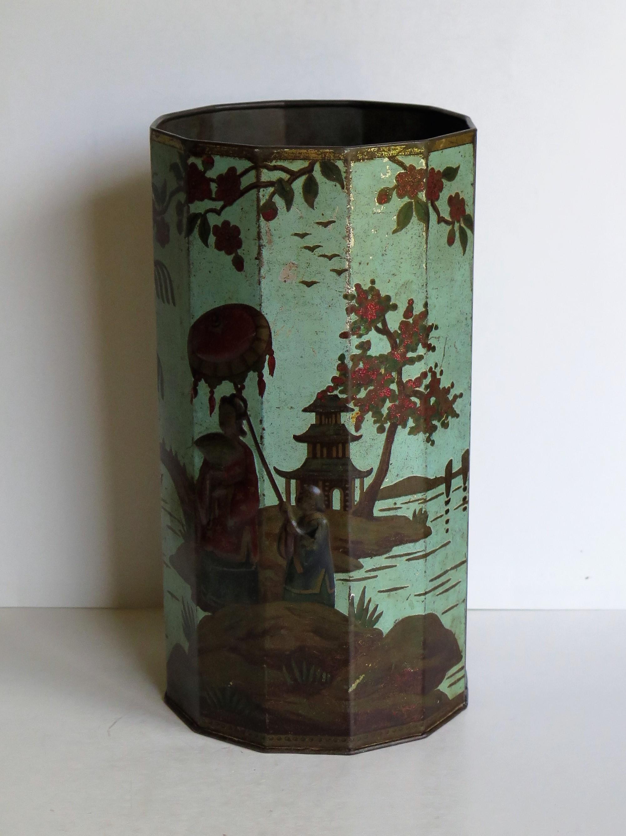 Late 19th Century Tin Container or Bin with Colored Oriental Figure Scene In Fair Condition In Lincoln, Lincolnshire