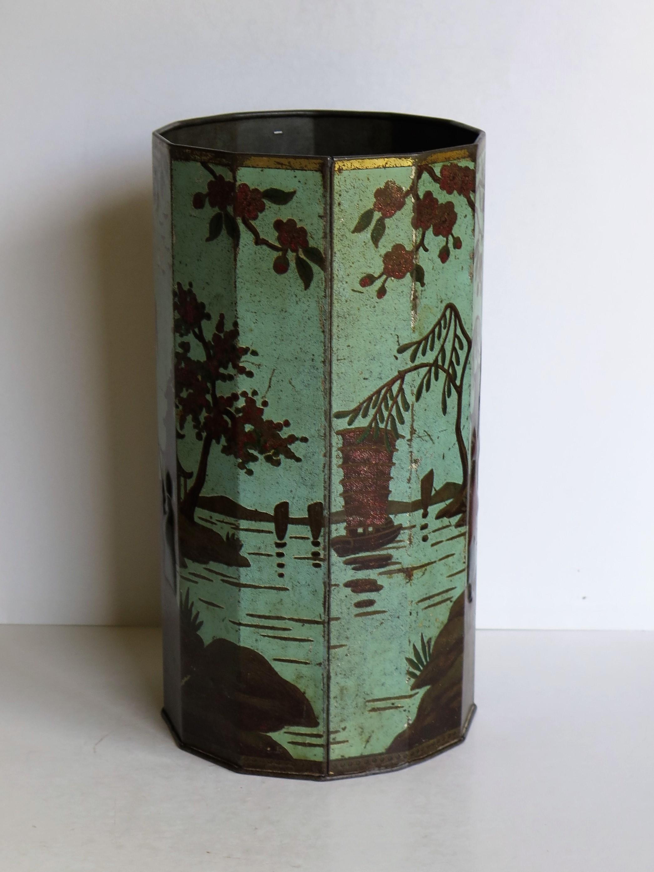 Late 19th Century Tin Container or Bin with Colored Oriental Figure Scene 1