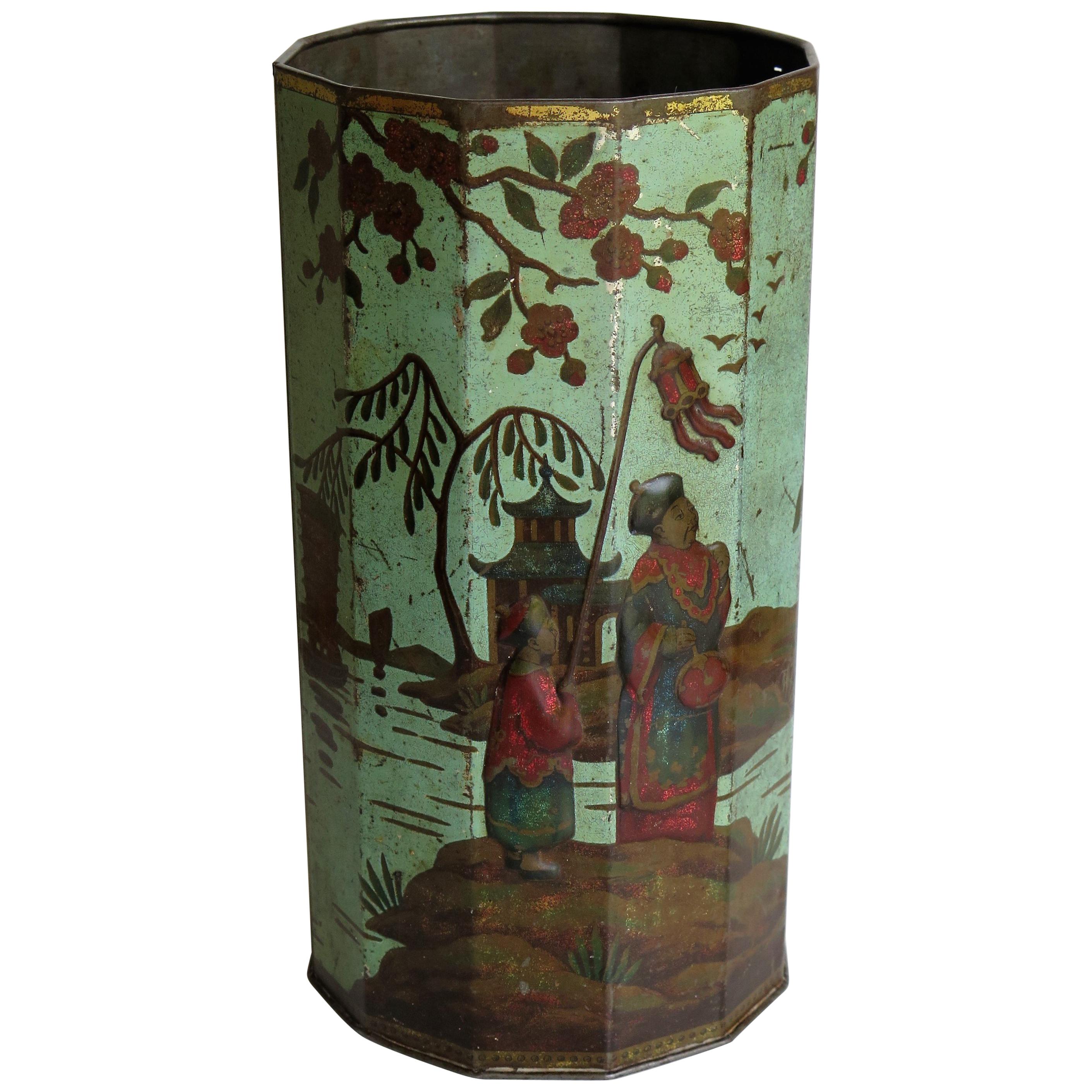 Late 19th Century Tin Container or Bin with Colored Oriental Figure Scene