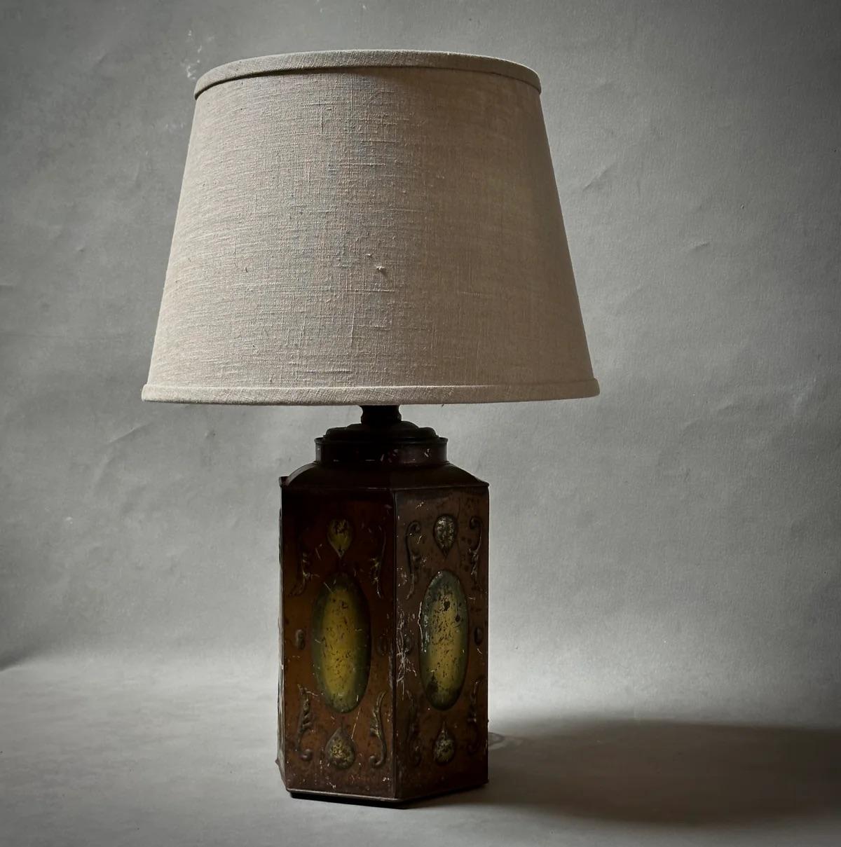 Late Victorian Late 19th Century Tole Decorated Tin Lamp with Custom Shade For Sale