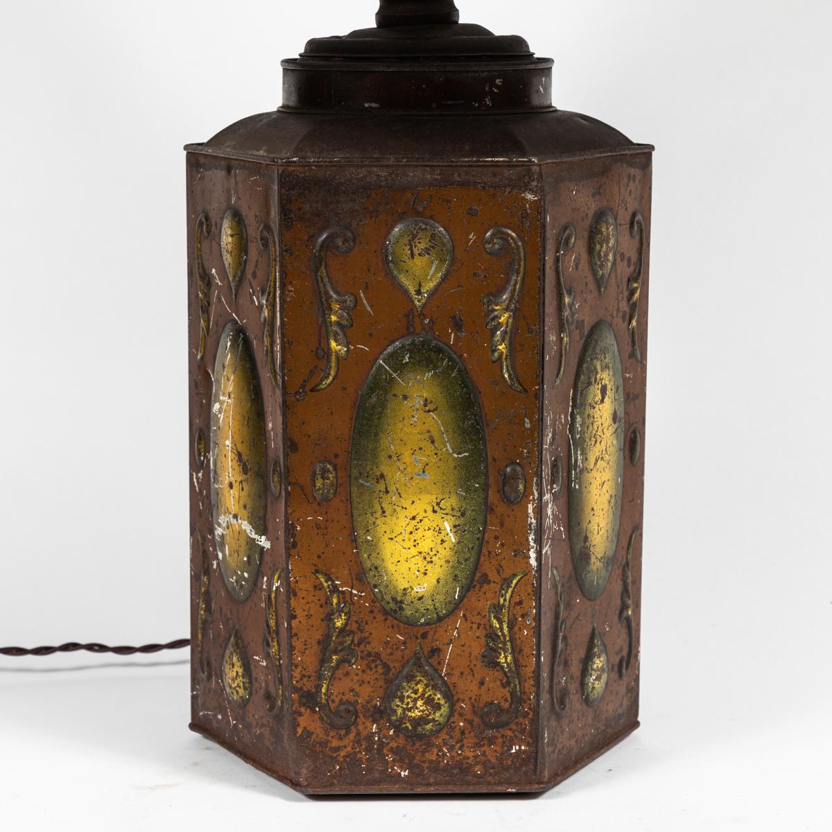 English Late 19th Century Tole Decorated Tin Lamp with Custom Shade  For Sale