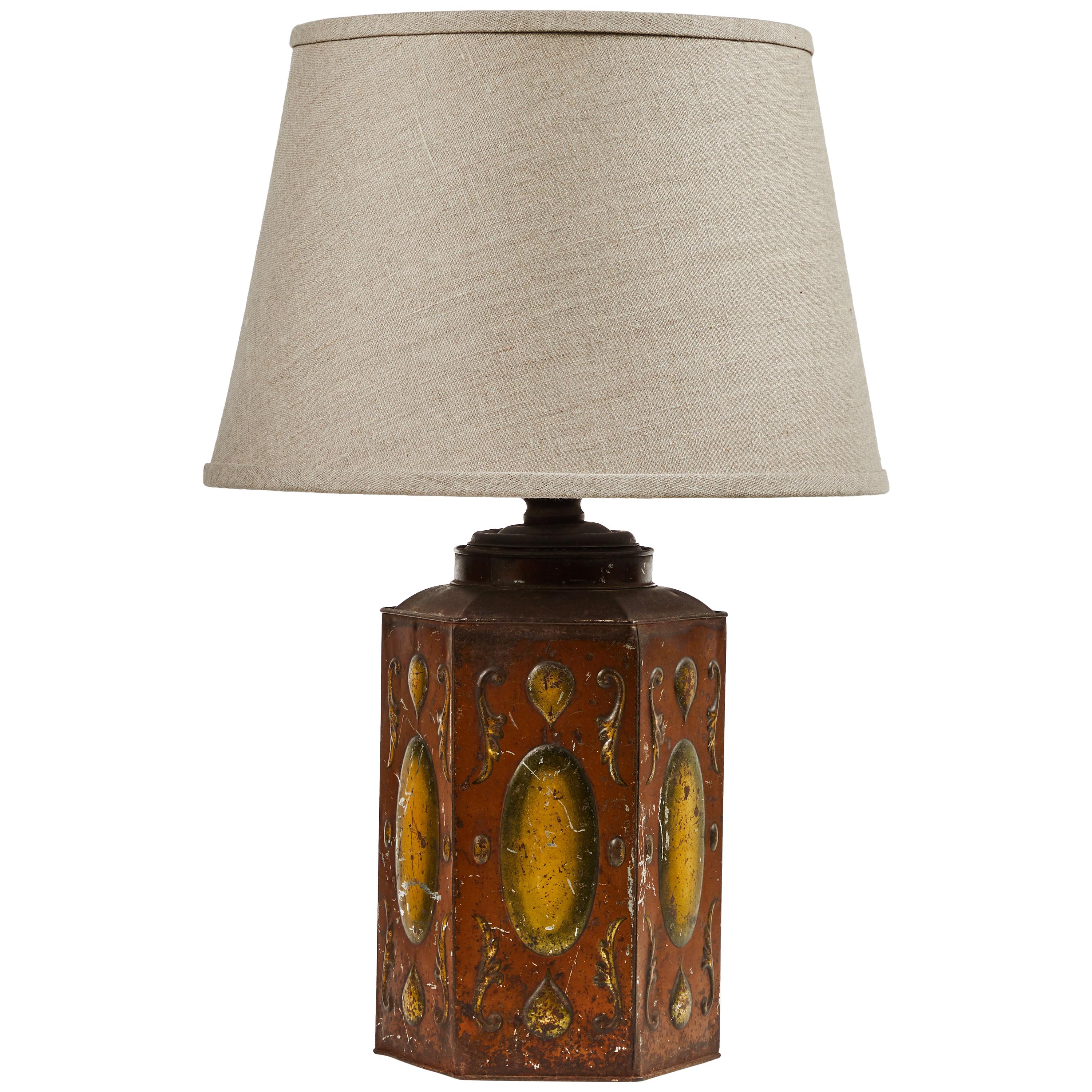 Late 19th Century Tole Decorated Tin Lamp with Custom Shade 