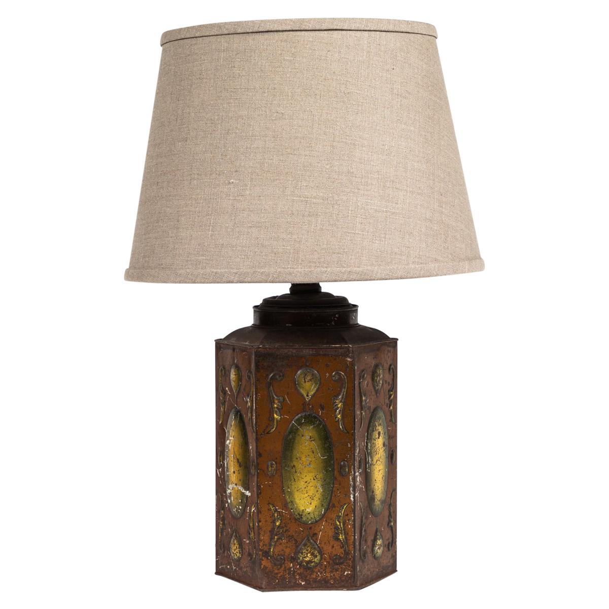 Late 19th Century Tole Decorated Tin Lamp with Custom Shade  For Sale