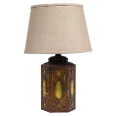 Late 19th Century Tole Decorated Tin Lamp with Custom Shade