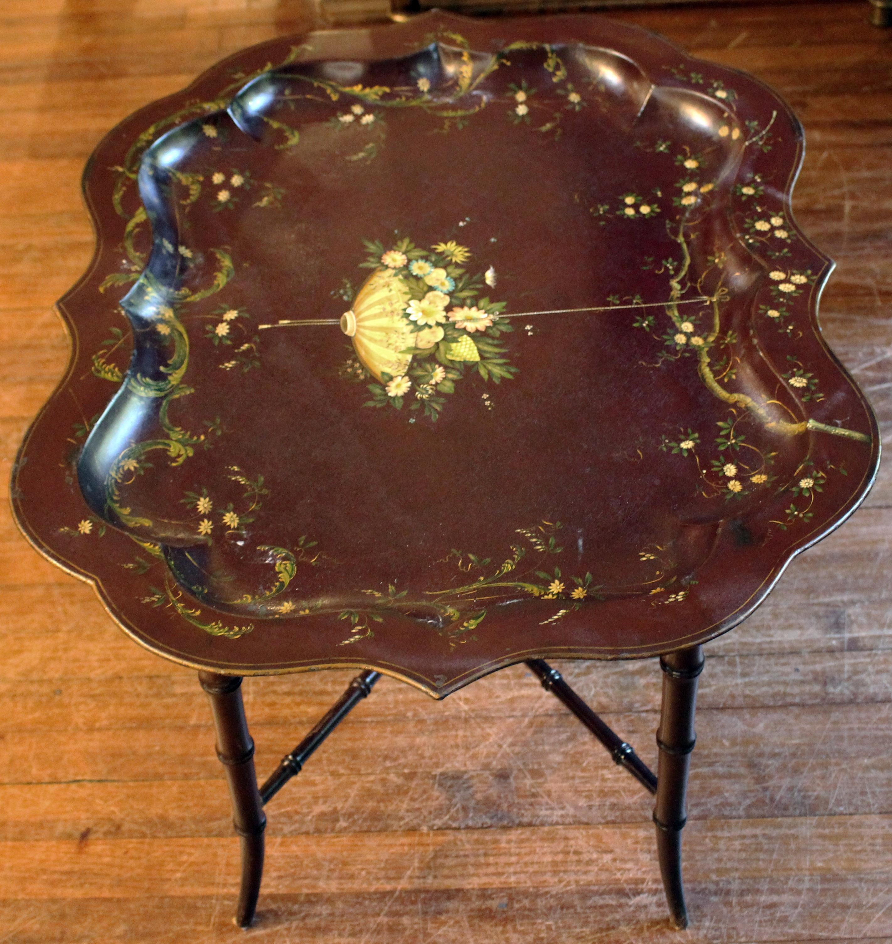 Late 19th Century Tole Mulberry Colored Tray on Stand 1