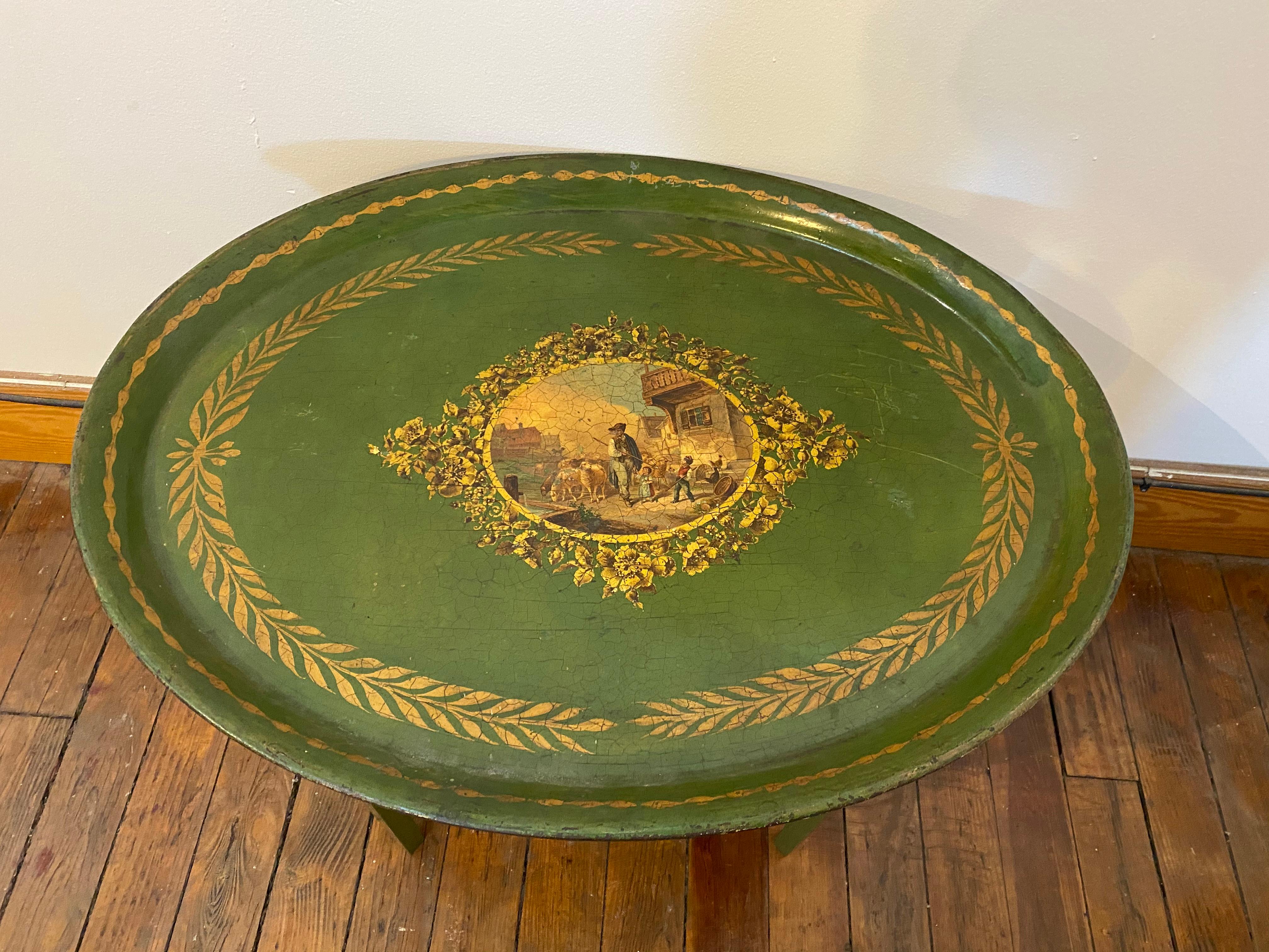 Late 19th Century Tole Tray Mounted as Side Table In Good Condition In Charleston, SC