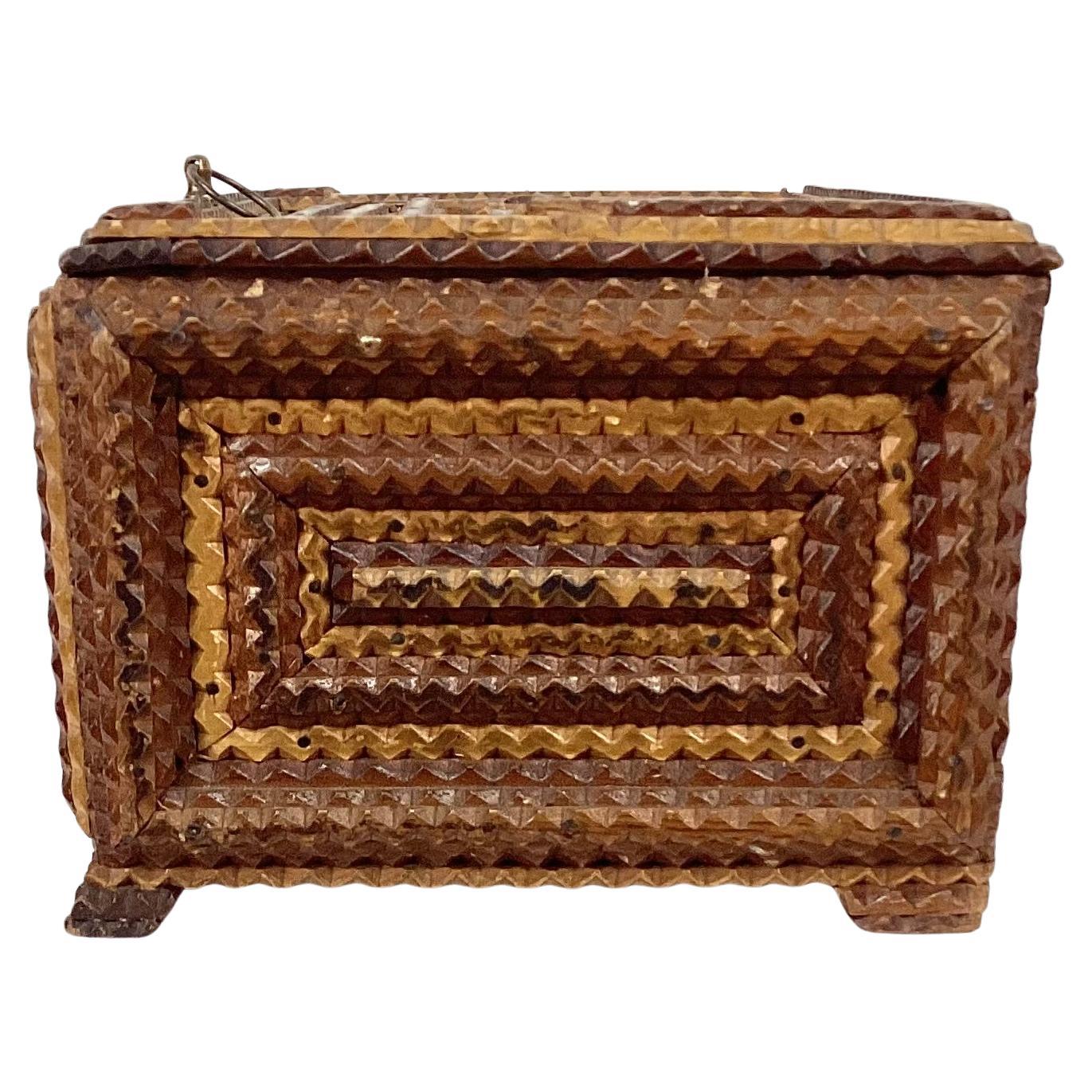 Vintage late 19th century Tramp Art Box inset with mirror and fabric. 
