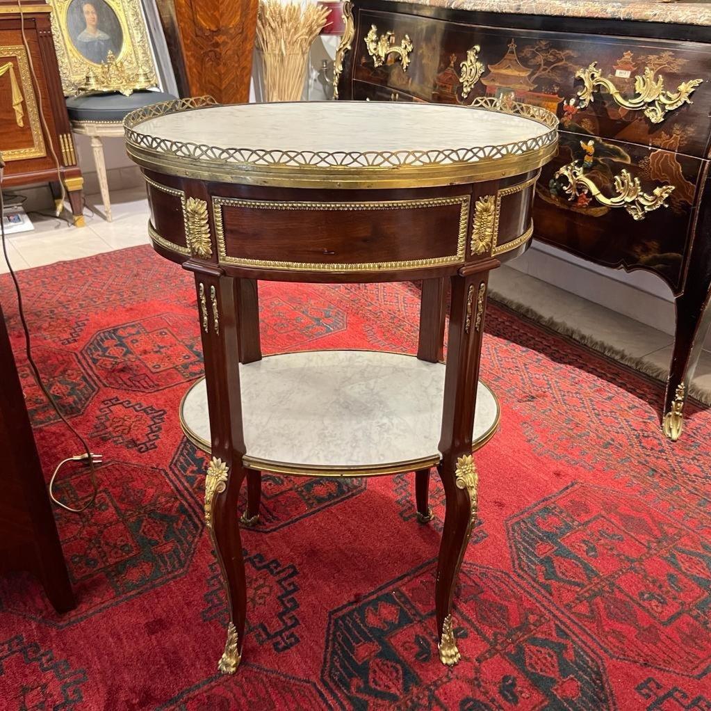 Marquetry Late 19th Century Transition Louis XV Style Gueridon in Marble with Two Tiers