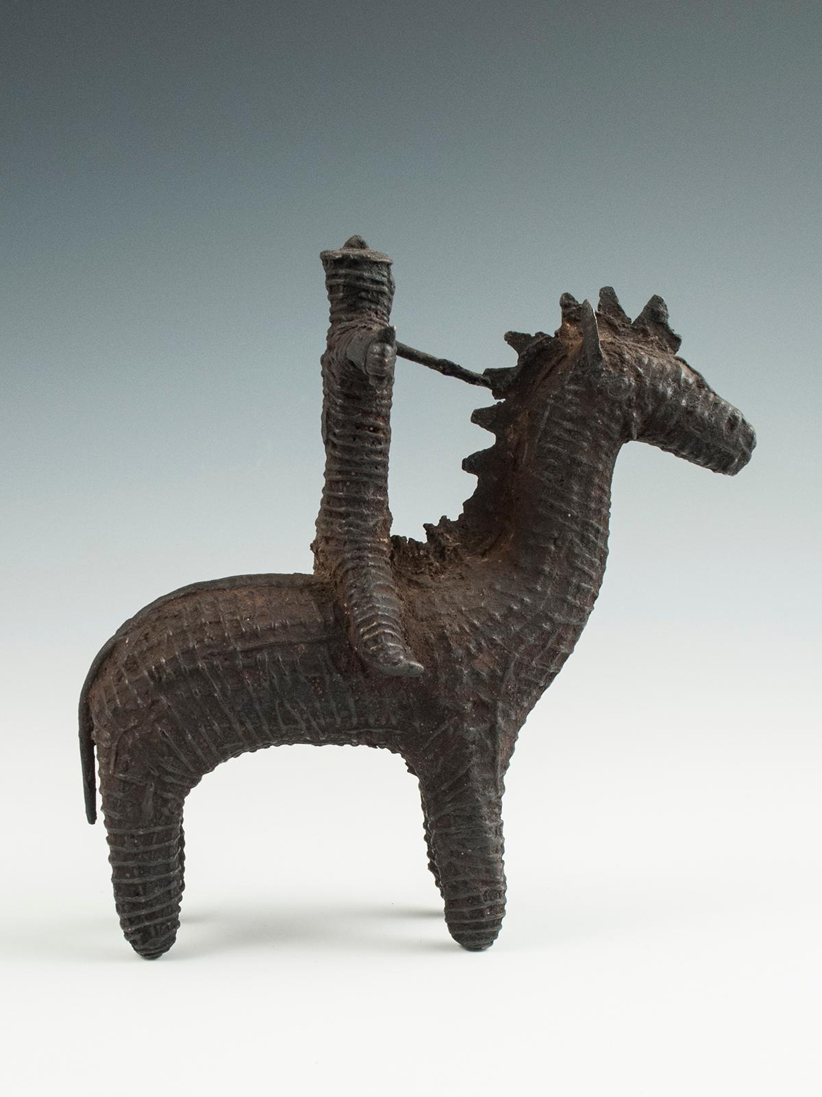 Indian Late 19th Century Tribal Cast Bronze Horse and Rider, Kondh People, India