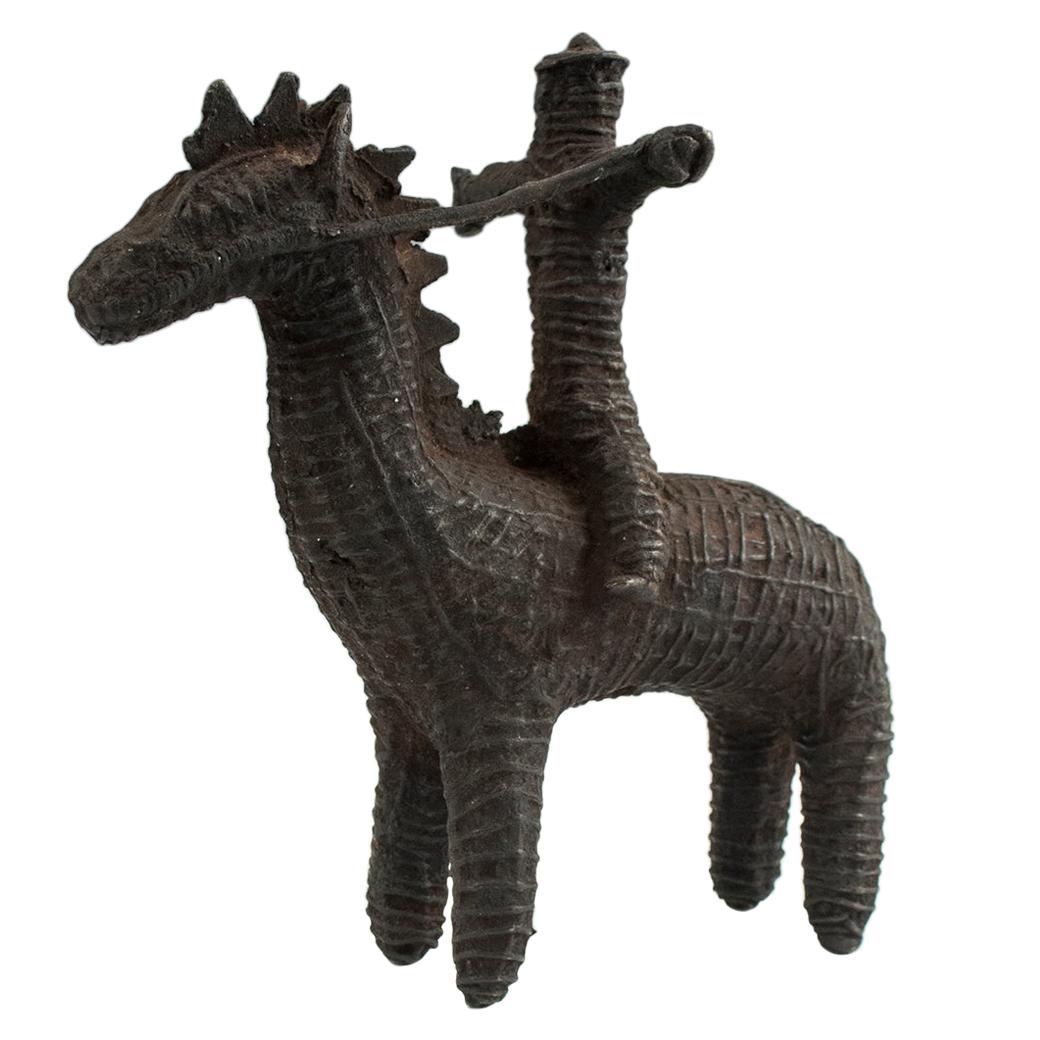 Late 19th Century Tribal Cast Bronze Horse and Rider, Kondh People, India