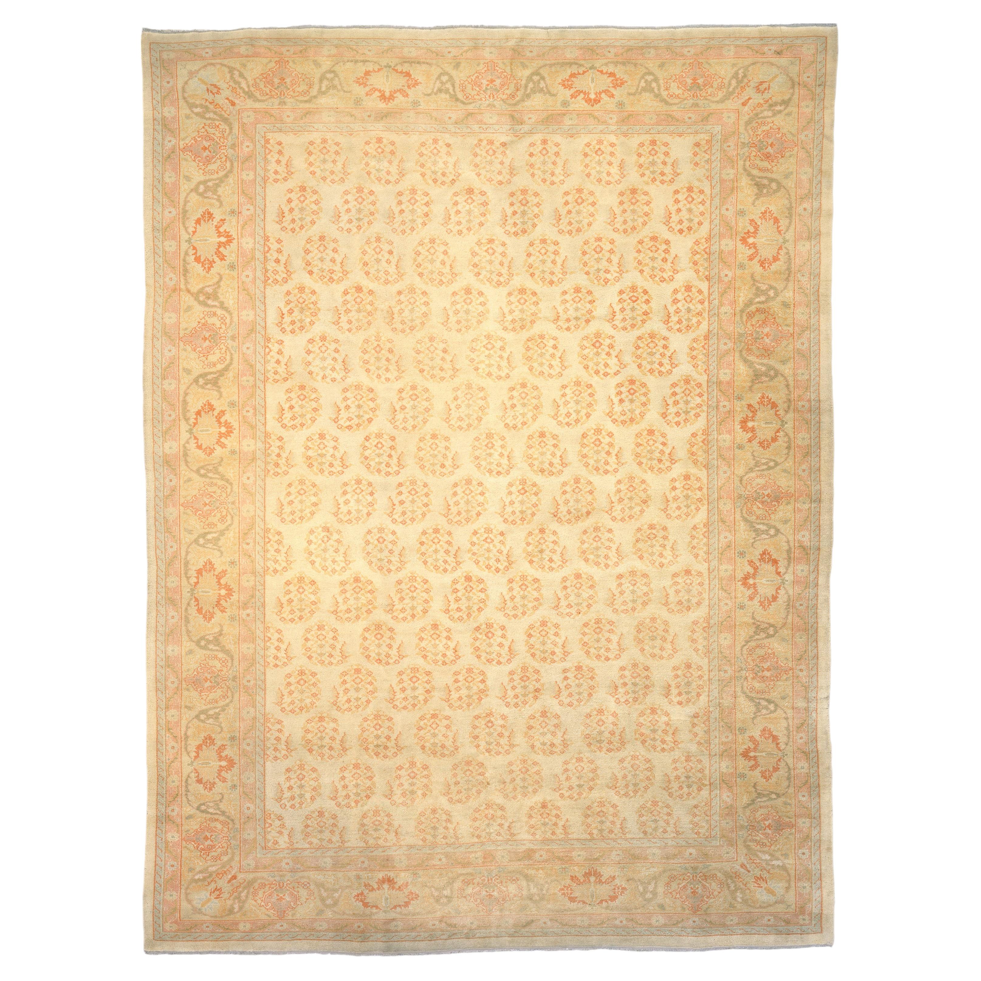 Late 19th Century Turkish Ivory Stylized Floral Oushak Rug