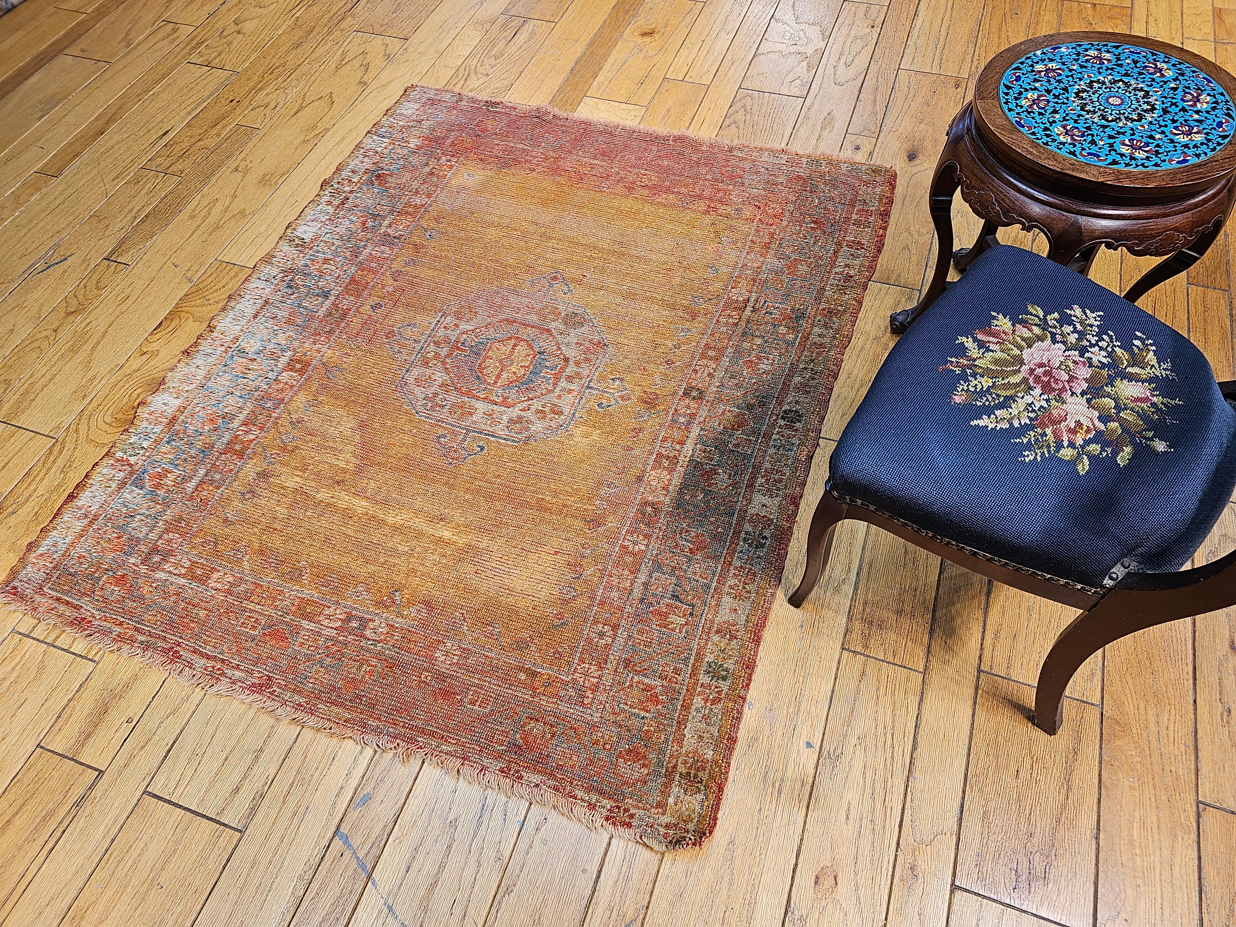 Late 19th Century Turkish Oushak Area Rug in Mamluk Pattern in Saffron, Teal For Sale 10