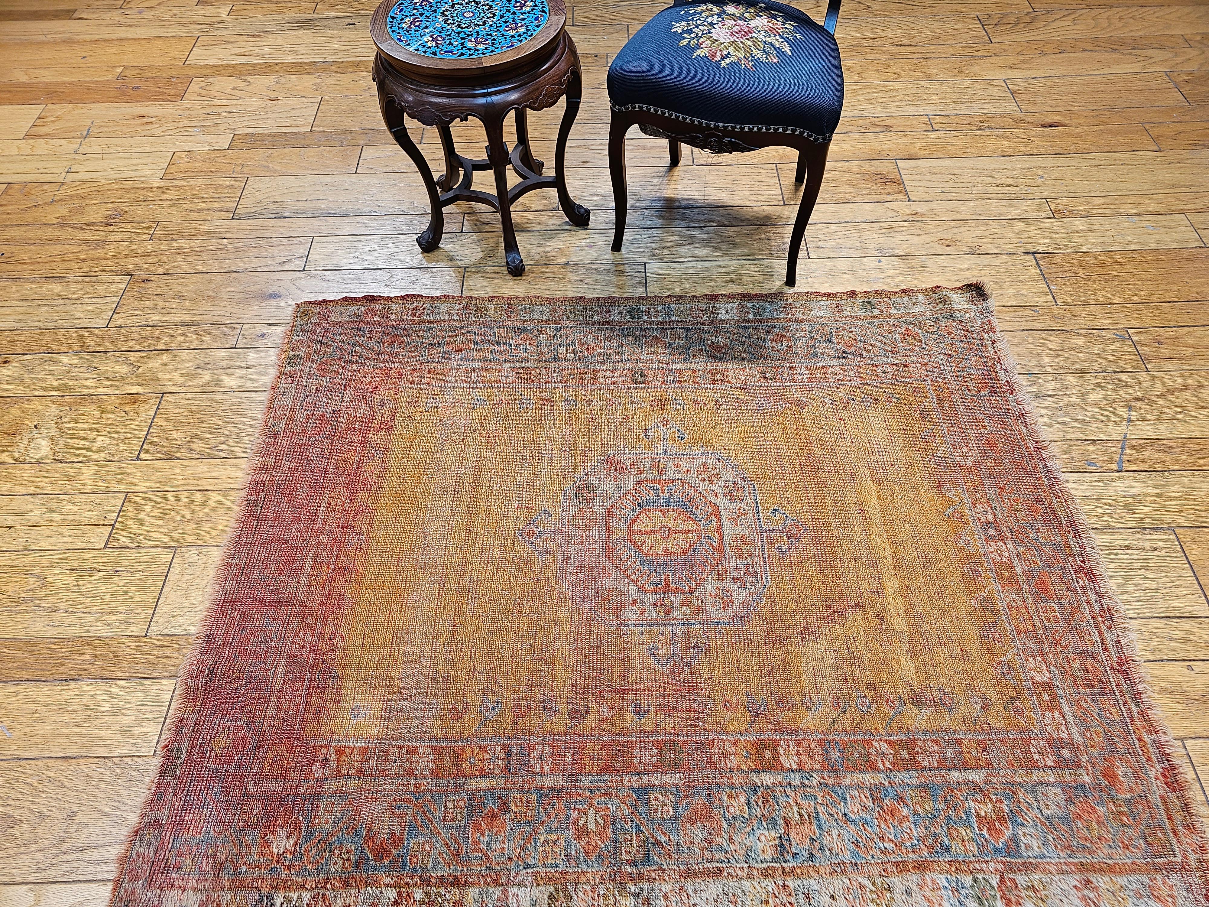 Late 19th Century Turkish Oushak Area Rug in Mamluk Pattern in Saffron, Teal For Sale 11