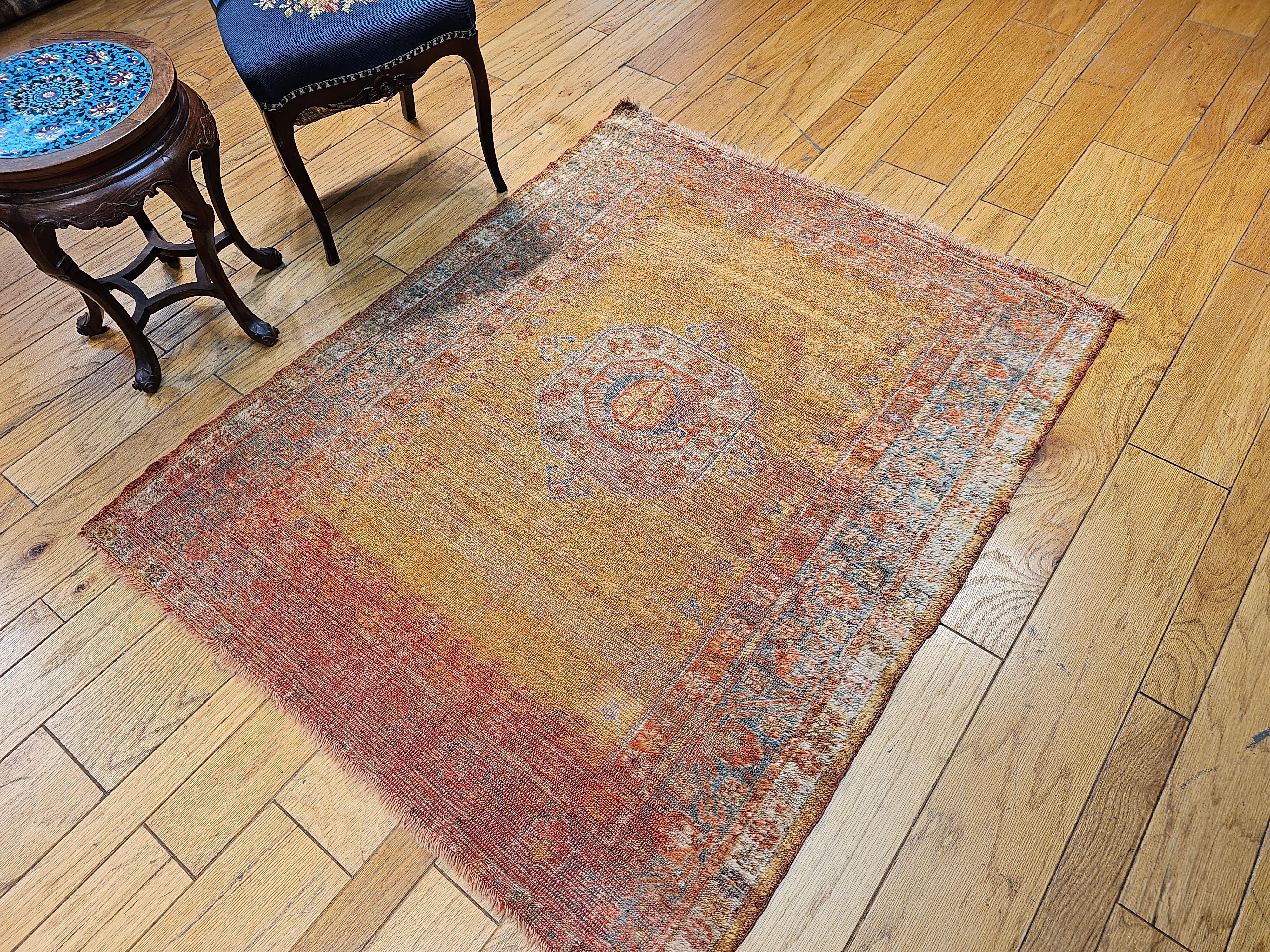 Late 19th Century Turkish Oushak Area Rug in Mamluk Pattern in Saffron, Teal For Sale 13