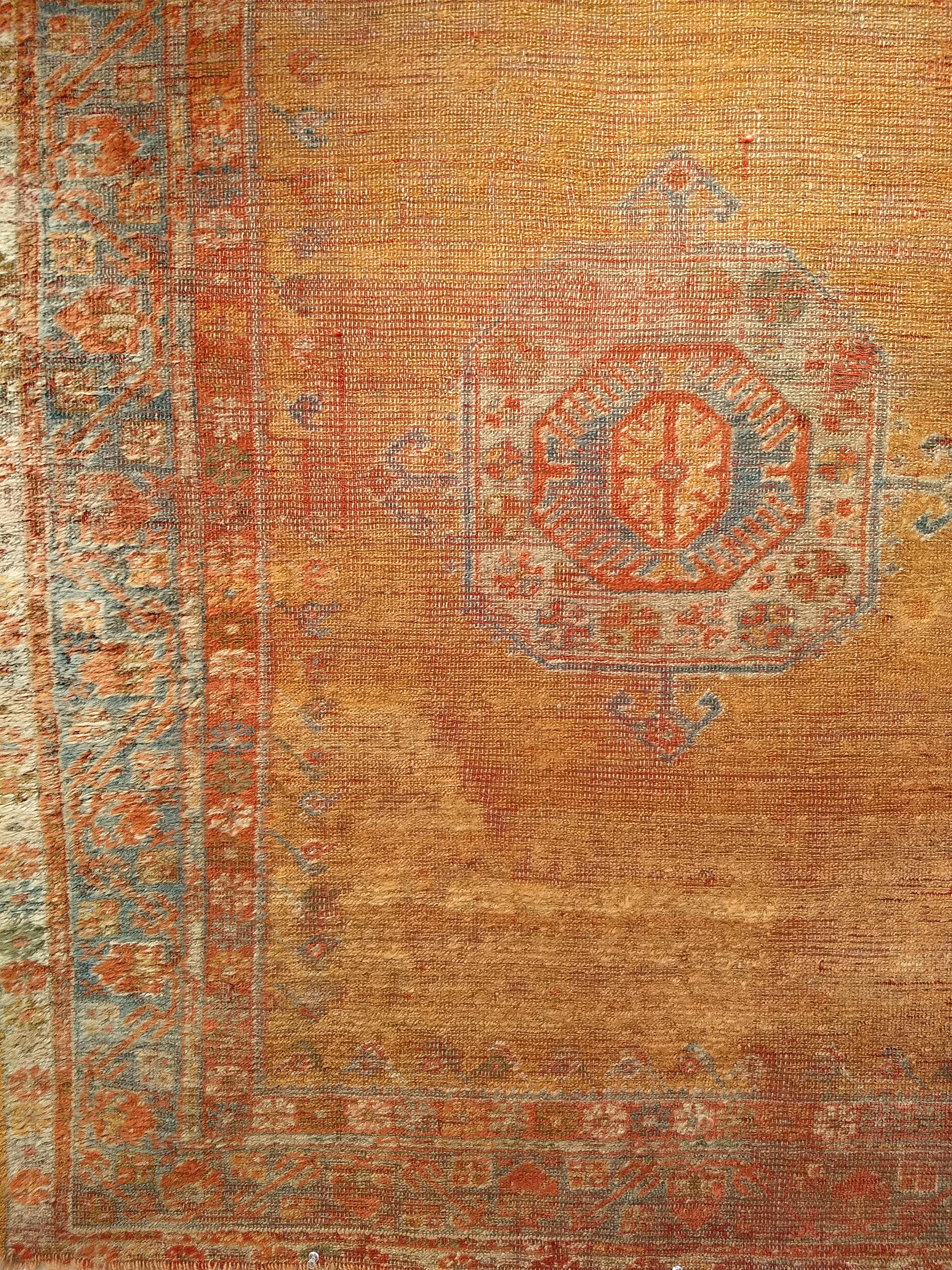 Vegetable Dyed Late 19th Century Turkish Oushak Area Rug in Mamluk Pattern in Saffron, Teal For Sale