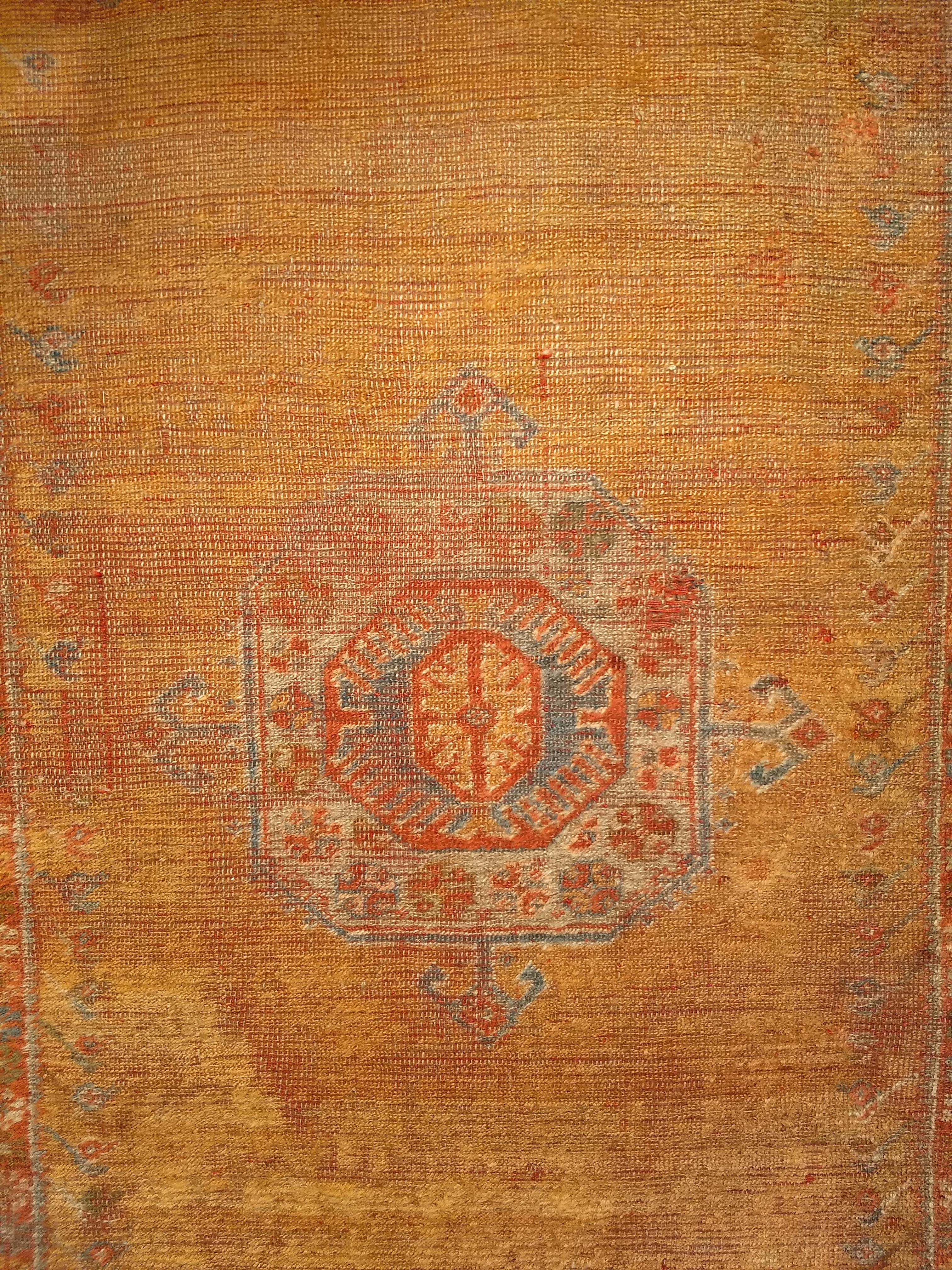Wool Late 19th Century Turkish Oushak Area Rug in Mamluk Pattern in Saffron, Teal For Sale