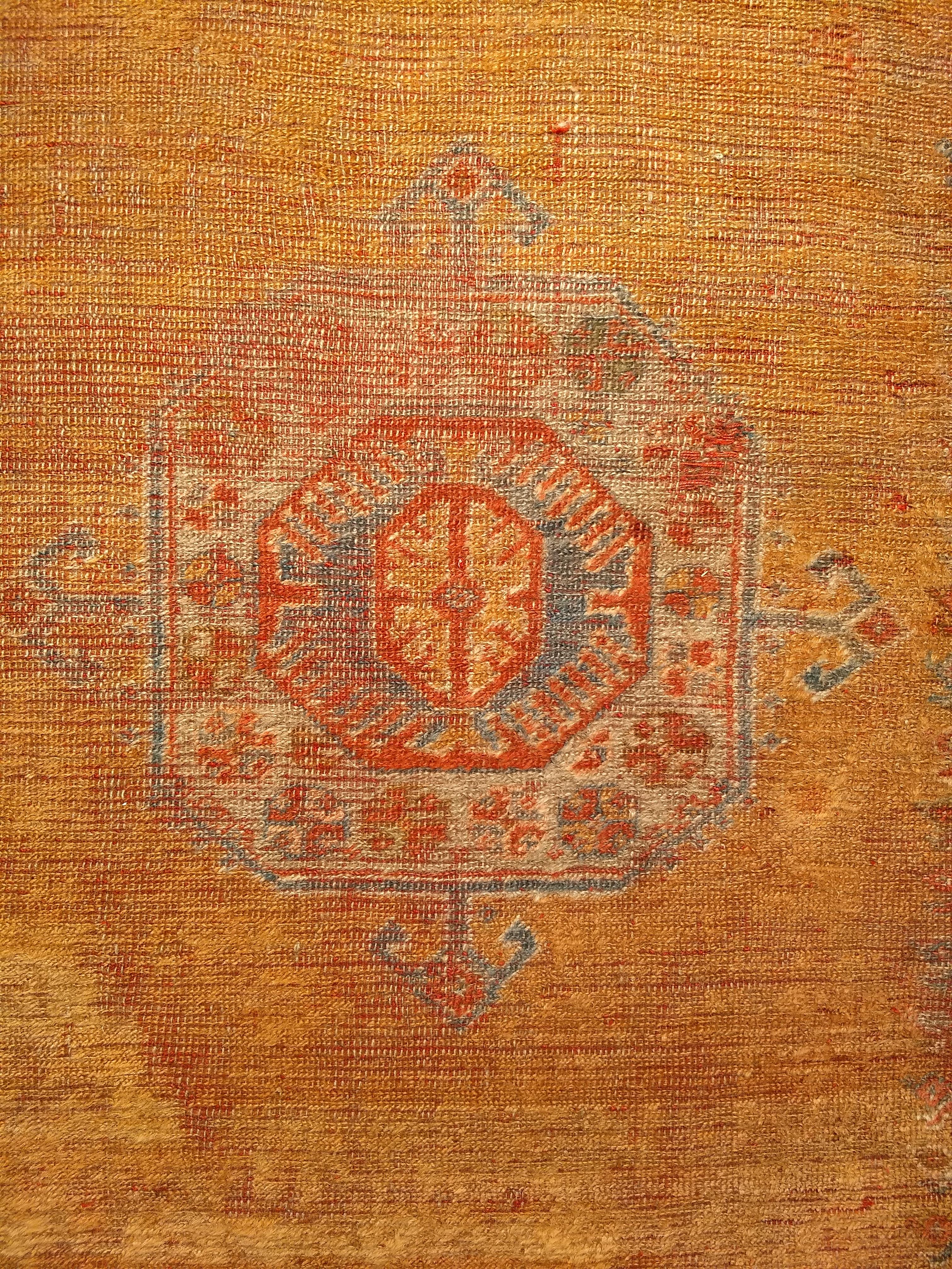Late 19th Century Turkish Oushak Area Rug in Mamluk Pattern in Saffron, Teal For Sale 3