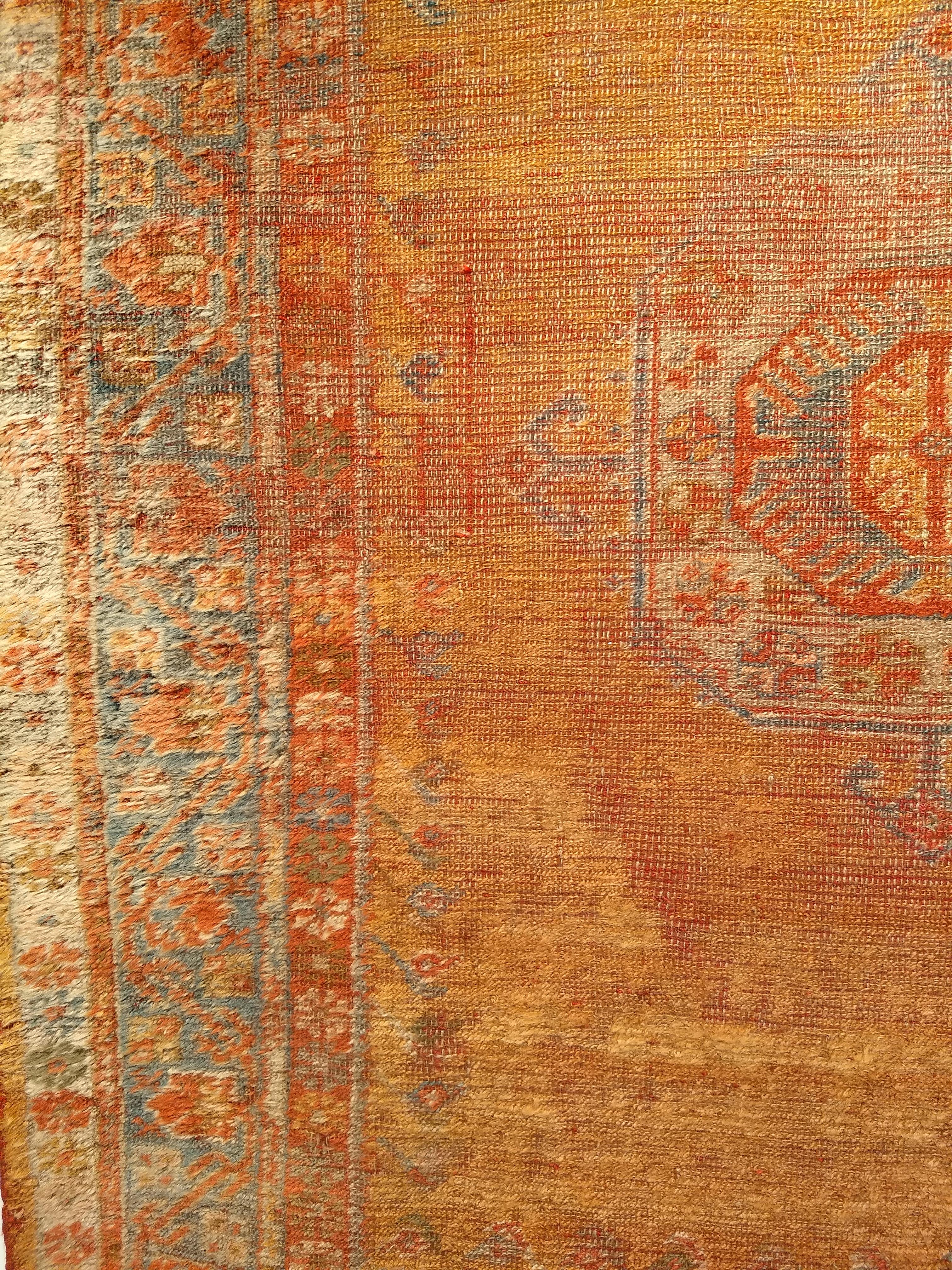 Late 19th Century Turkish Oushak Area Rug in Mamluk Pattern in Saffron, Teal For Sale 4