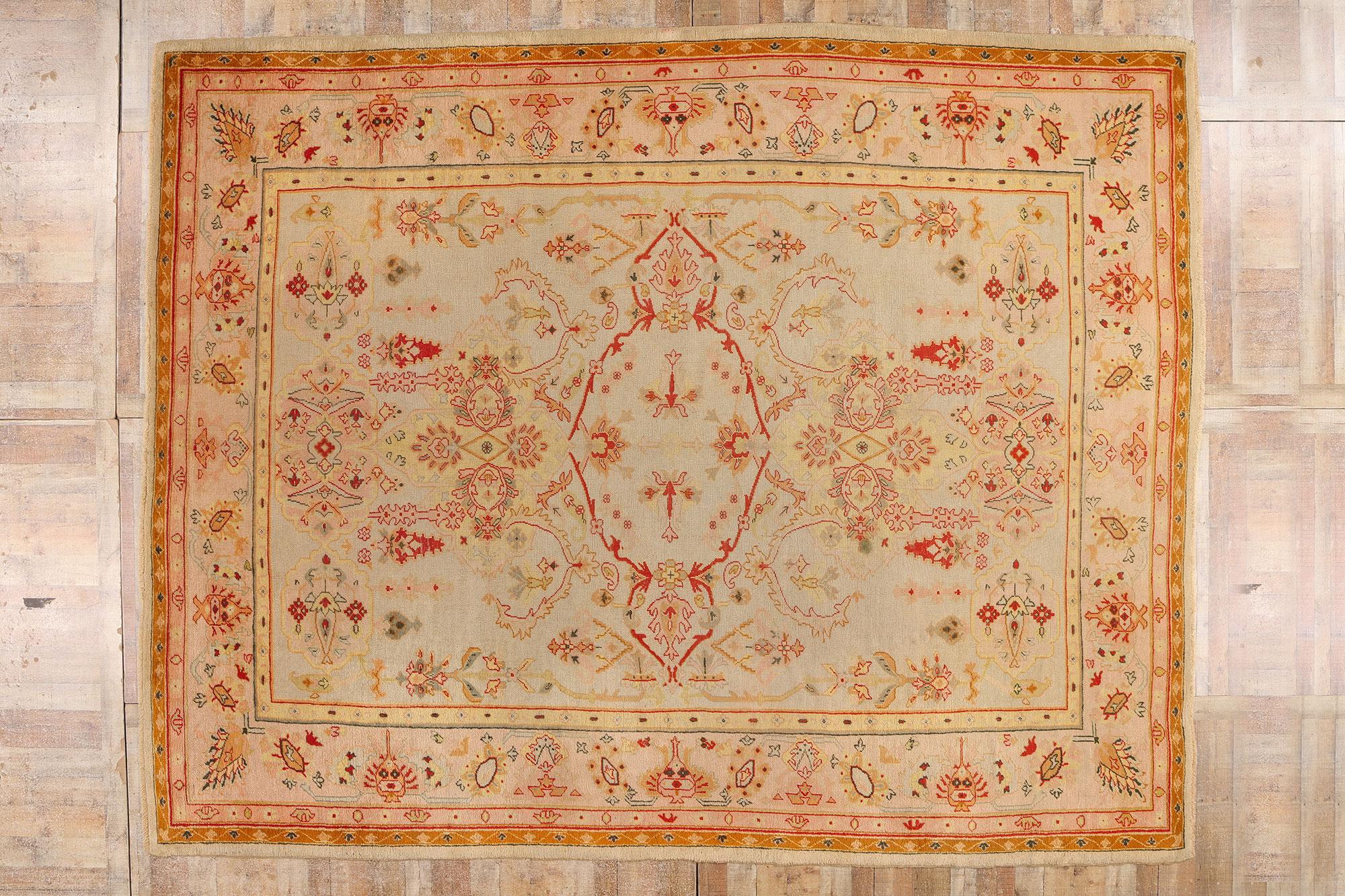 79232 Late 19th Century Antique Pastel Turkish Oushak Rug, 11'08 x 14'07. An opportunity of breathtaking rarity, this one-of-a-kind, hand-knotted wool Oushak rug from the Late 19th Century Ottoman Empire offers more than provenance—it grants access