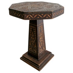 Antique Late 19th Century Turkish Wooden Pedestal Side Table w/ Ethnic Geometric Carving